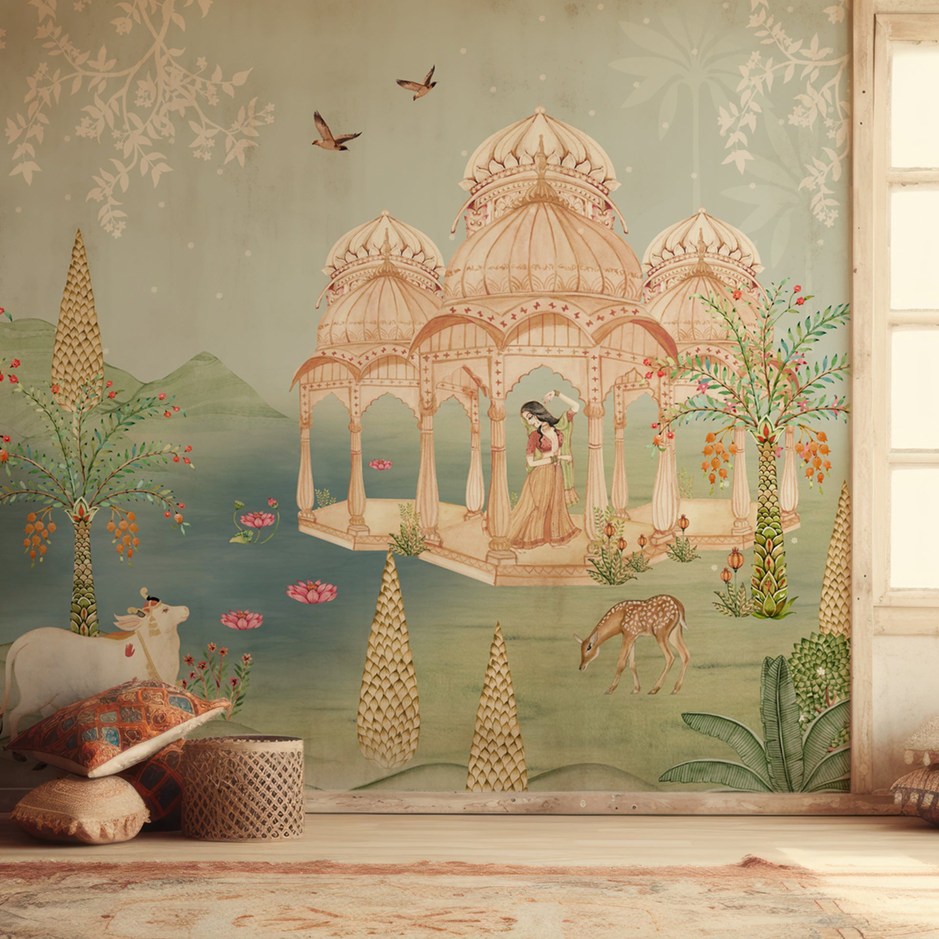 Moonlit Pichwai: Vrindavan Inspired Wallpaper With Lotus, Lake And Animals
