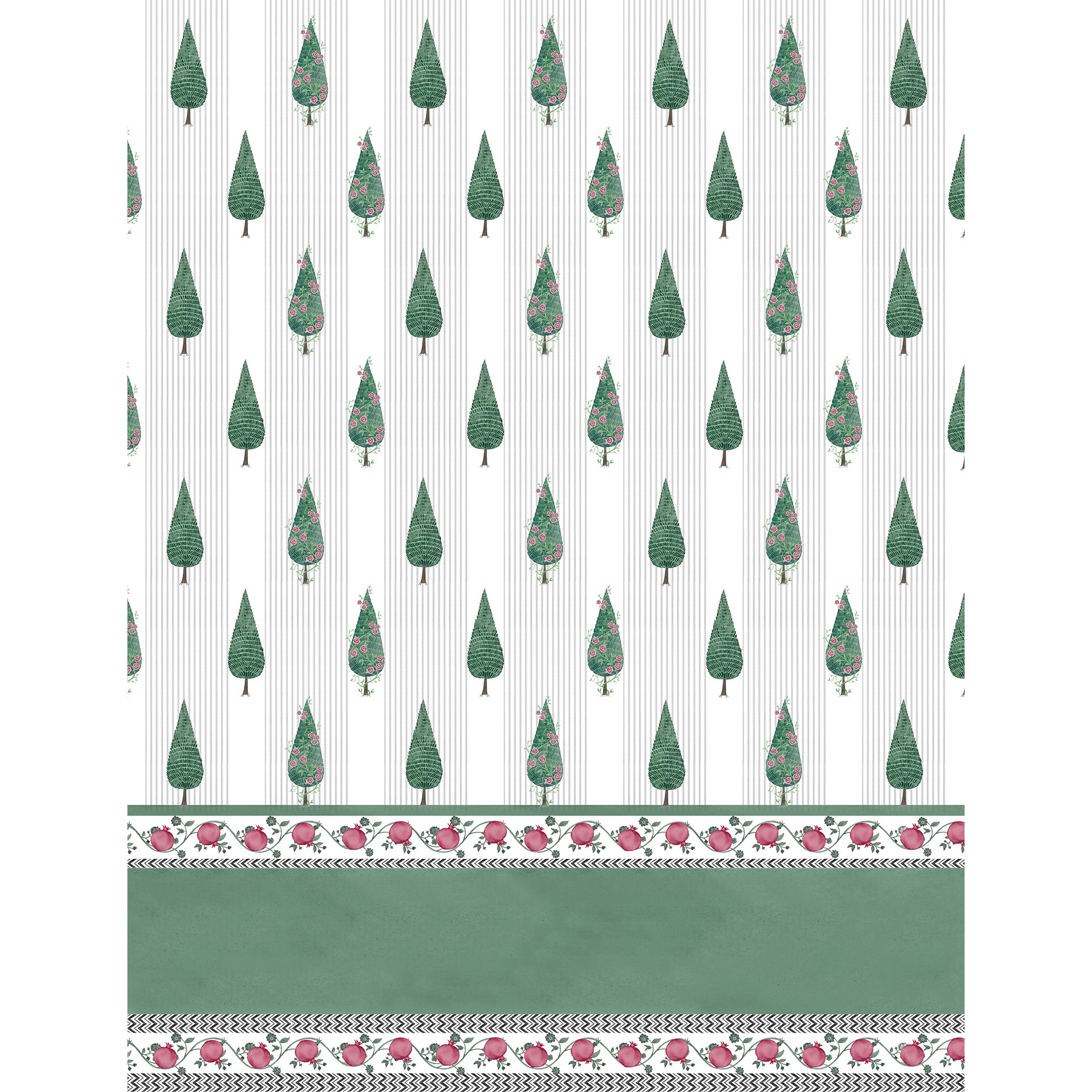 Emerald Bliss: Seamless Pattern With Stylized Green Trees And Decorative Pink Accents