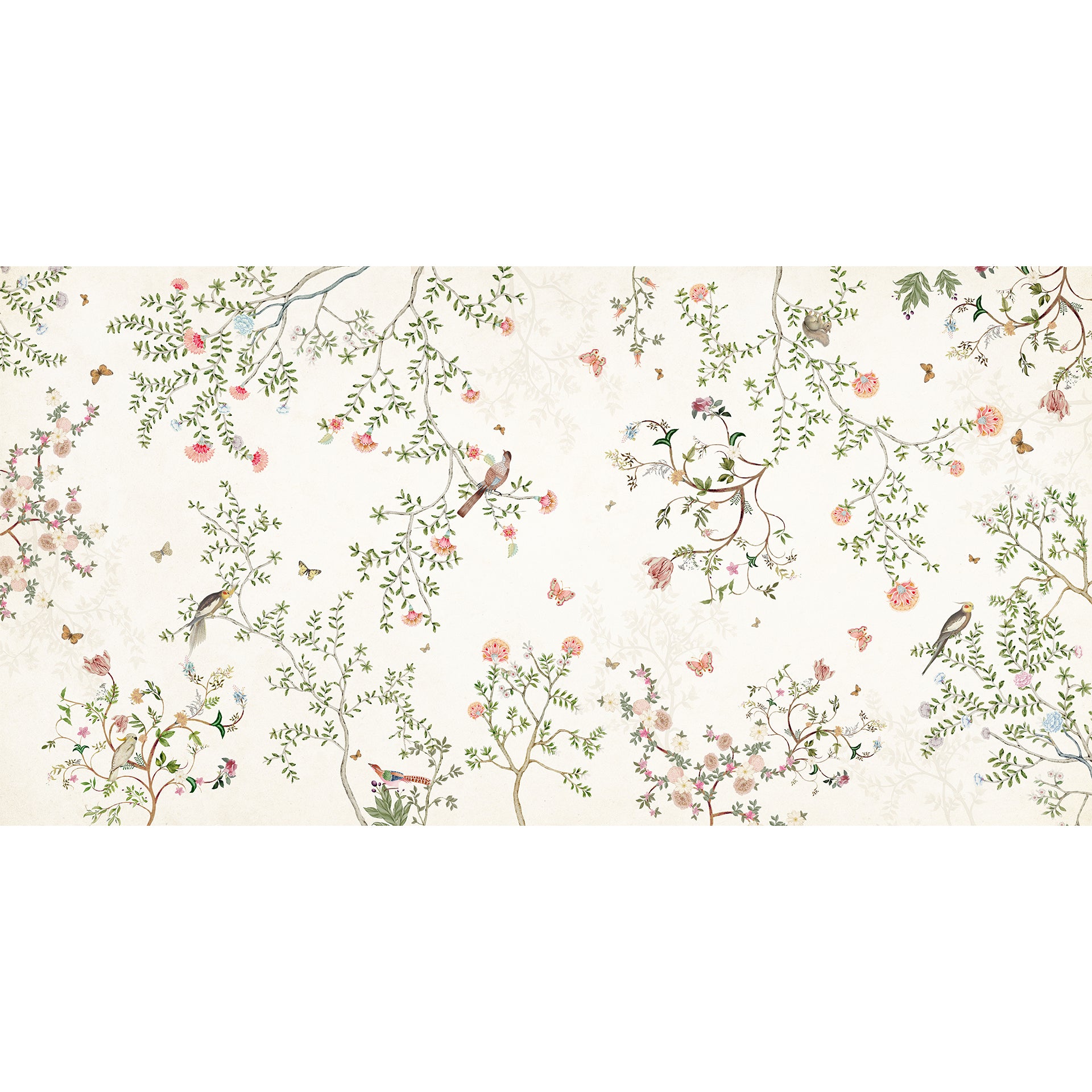 Delicate Flora: Floral Branches Wallpaper With Birds
