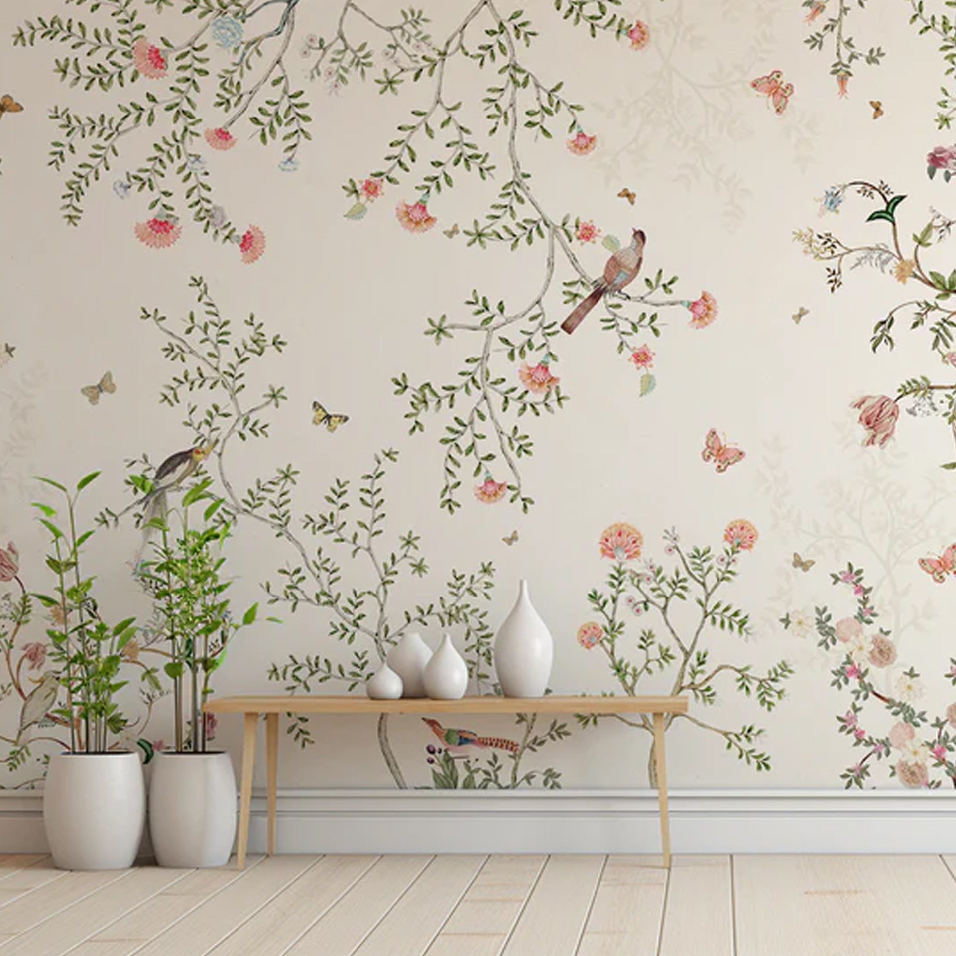 Delicate Flora: Floral Branches Wallpaper With Birds