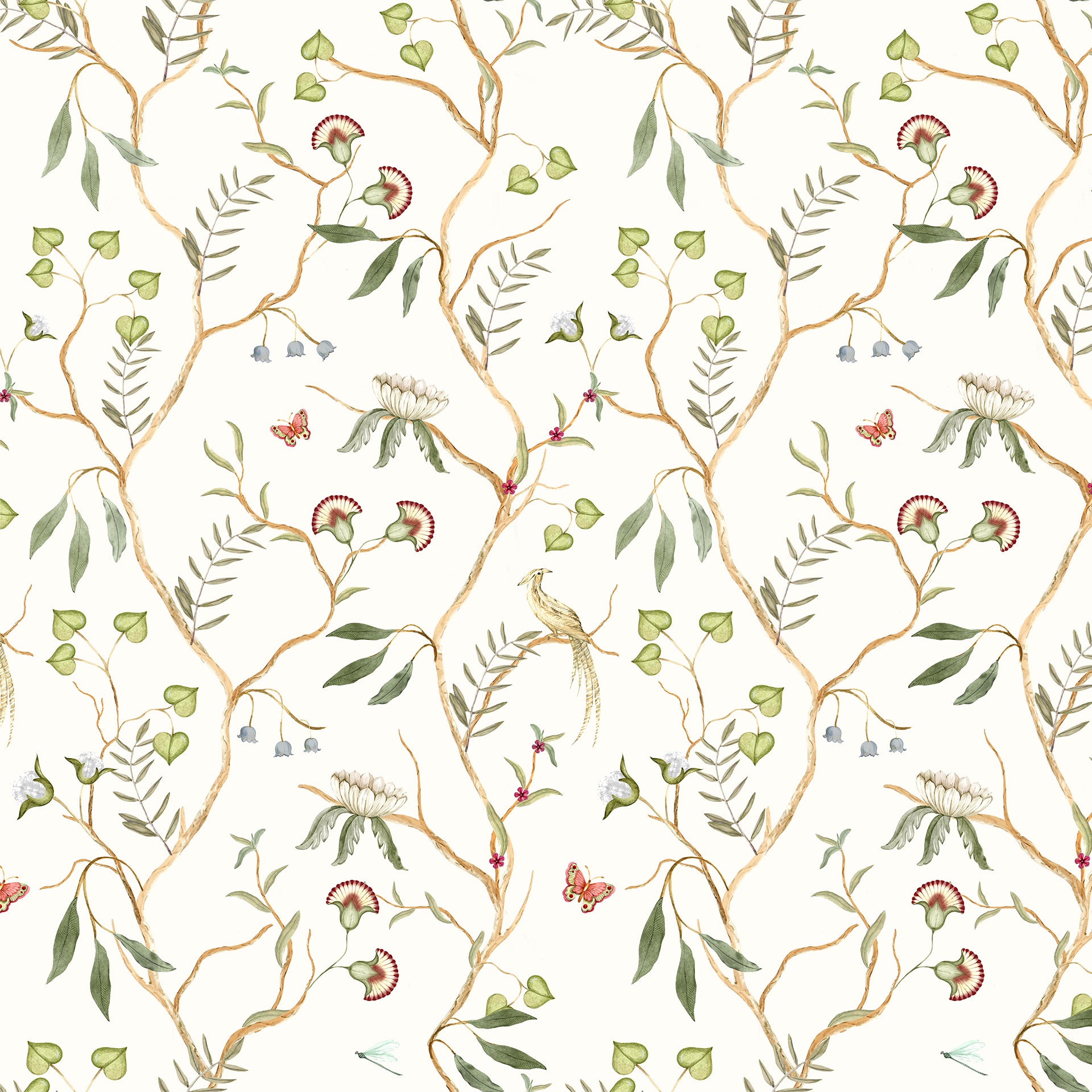 Watercolor Flora: Hand-Painted Watercolor Floral Branches Wallpaper With Butterflies