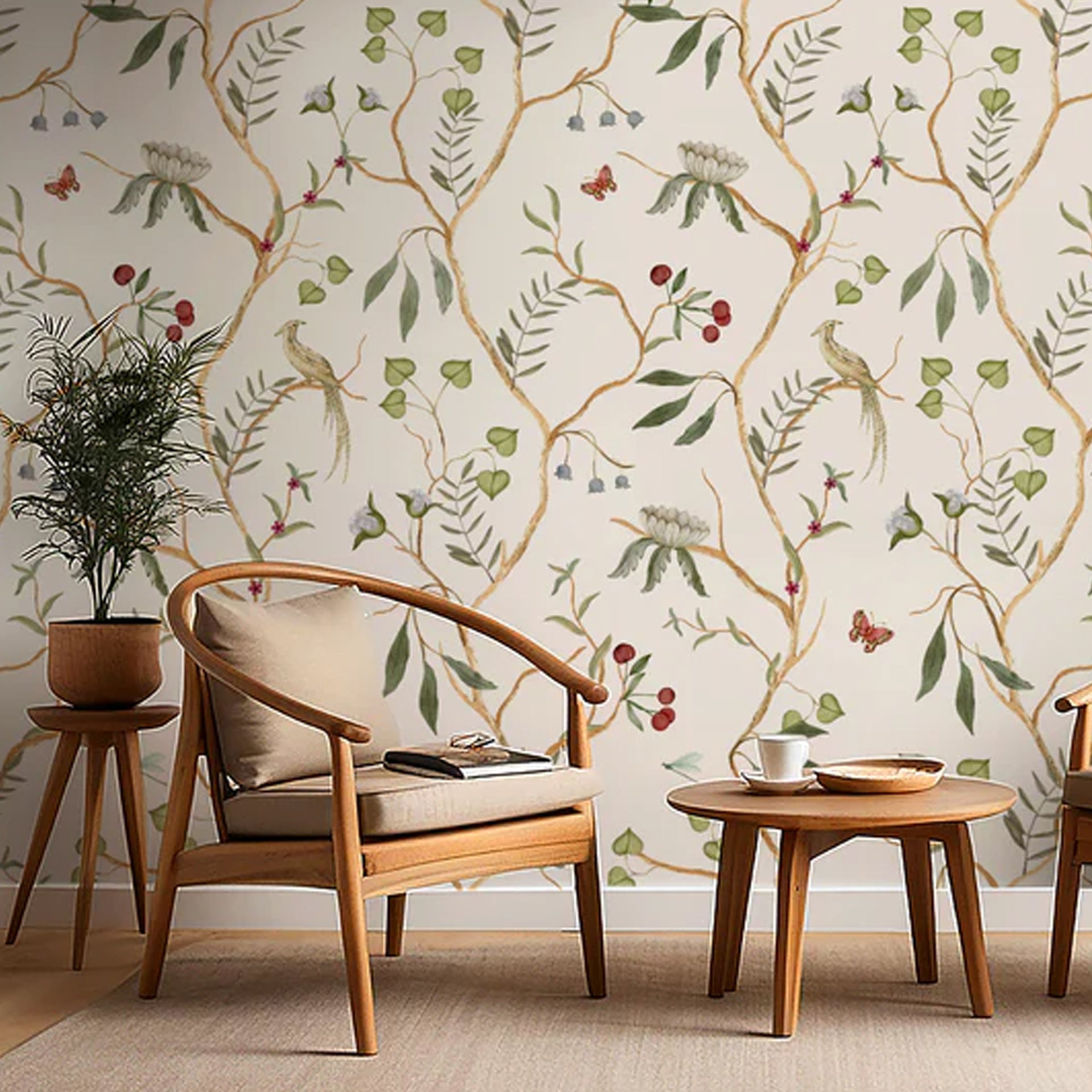Watercolor Flora: Hand-Painted Watercolor Floral Branches Wallpaper With Butterflies