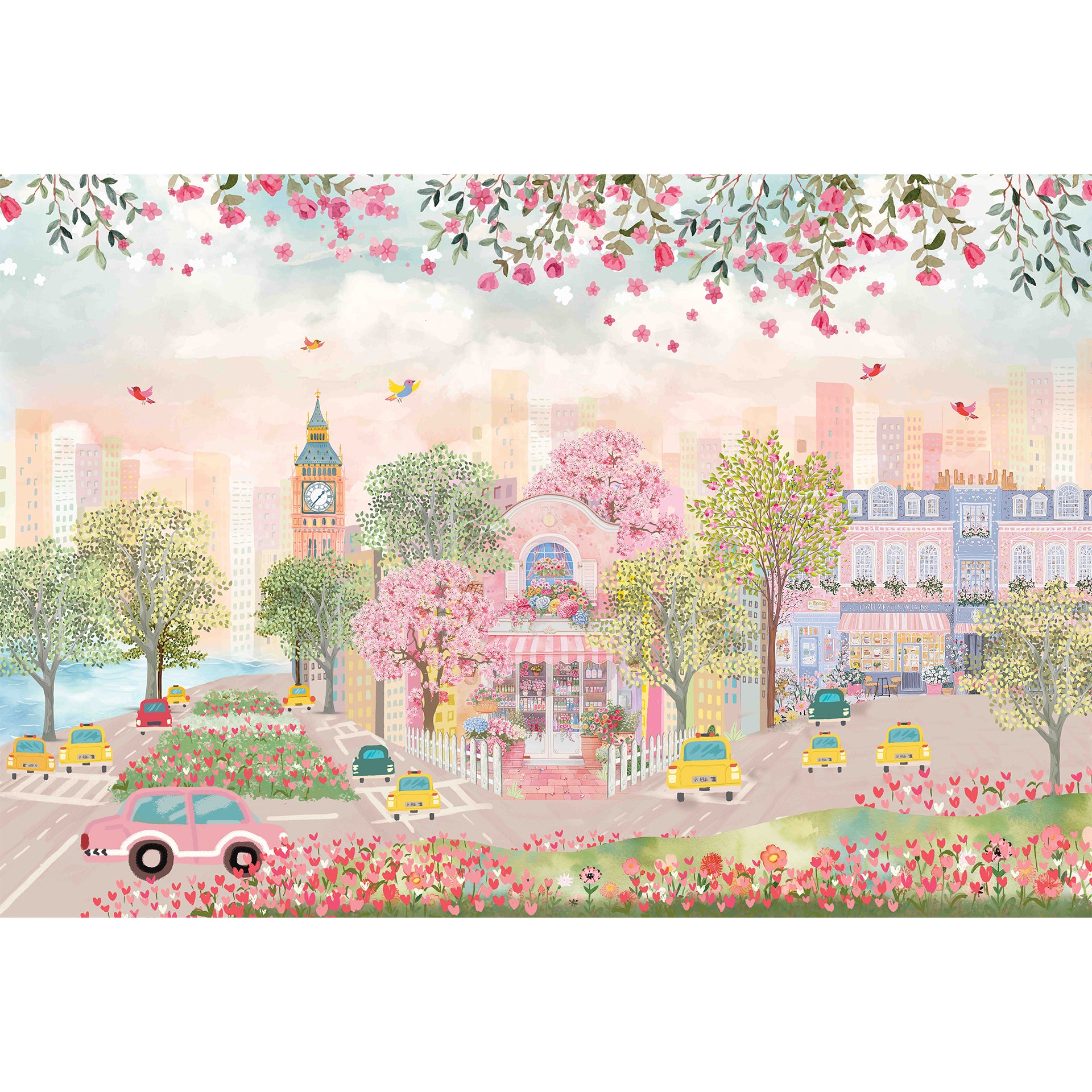 Pretty In Pink: Charming Spring Street With Blossom Trees And Vibrant Cityscape