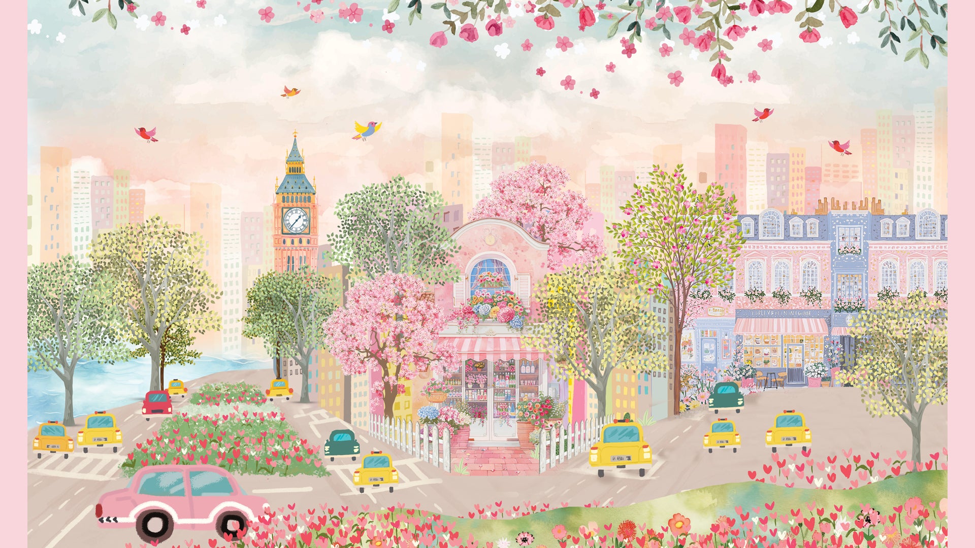 Pretty in Pink- Charming Spring Street With Blossom Trees and Vibrant Cityscape