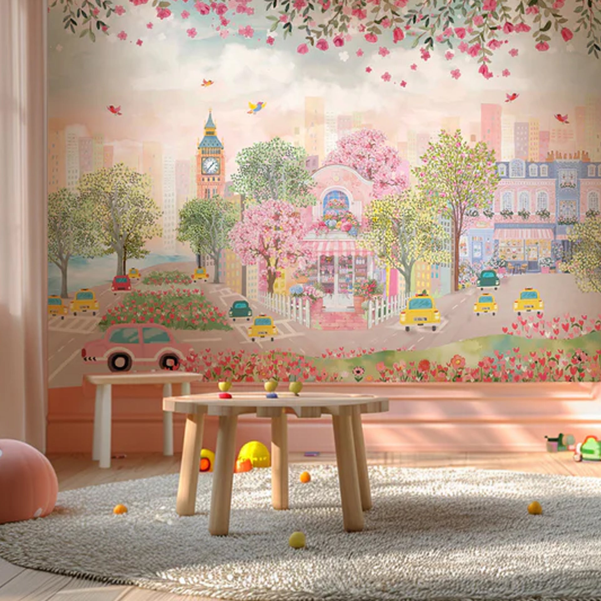 Pretty In Pink: Charming Spring Street With Blossom Trees And Vibrant Cityscape