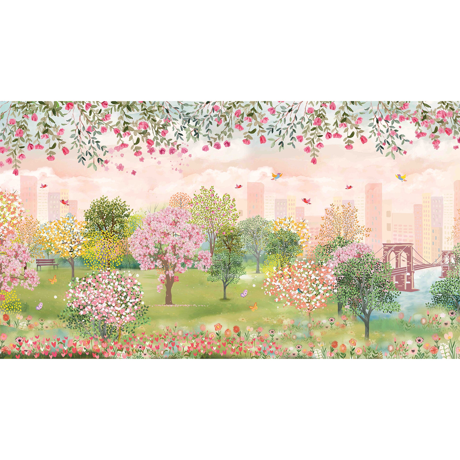 Japanese Spring: Garden Wallpaper With Cherry Blossoms & Birds