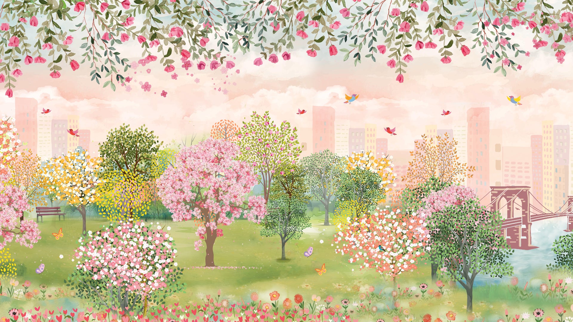 Spring Garden- Beautiful Hand-Drawn Spring Park Scene with Blossoming Trees and Birds