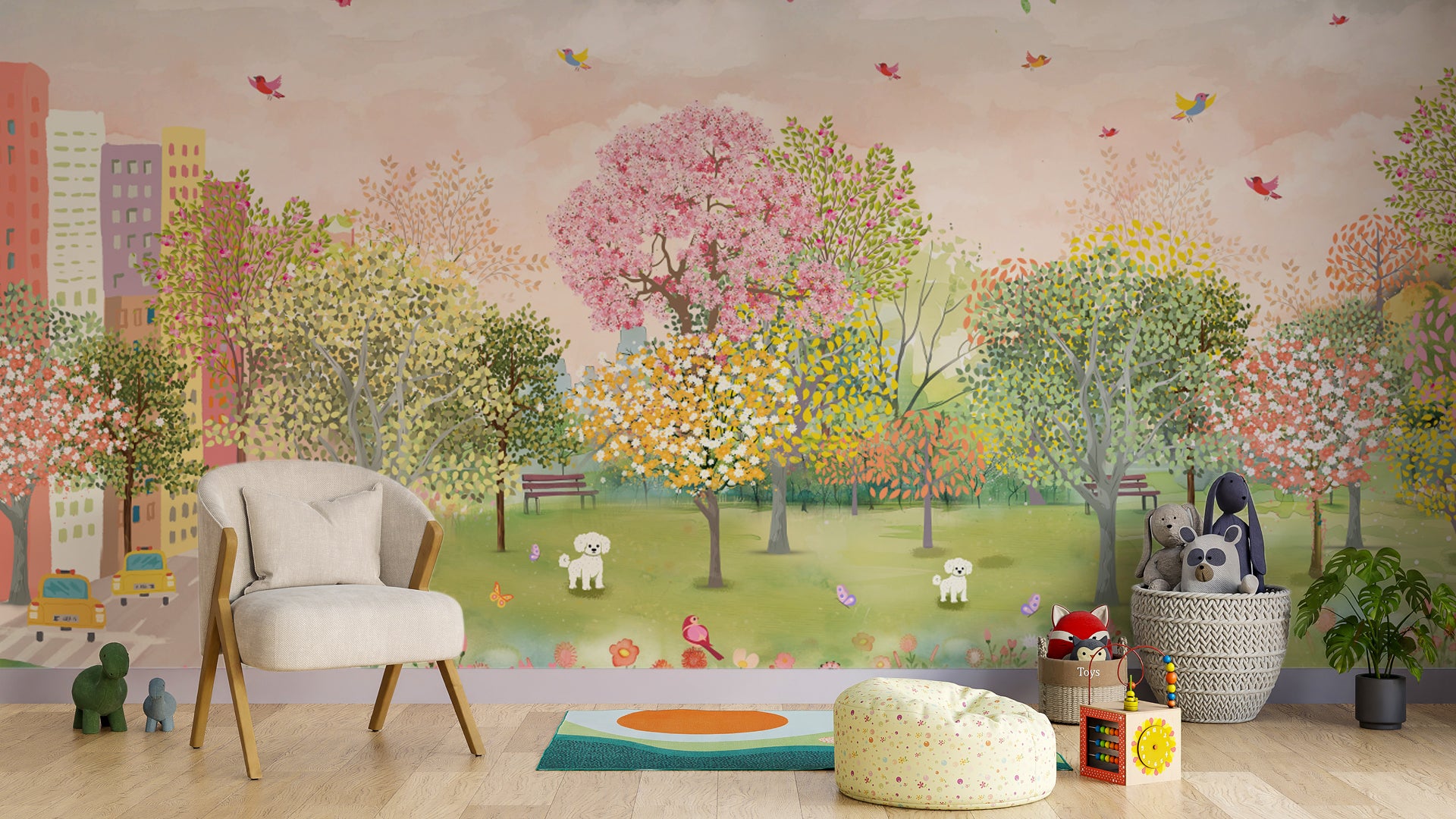 Playful Petals- Springtime Park Scene with Colorful Trees, Flowers, and Playful Dogs