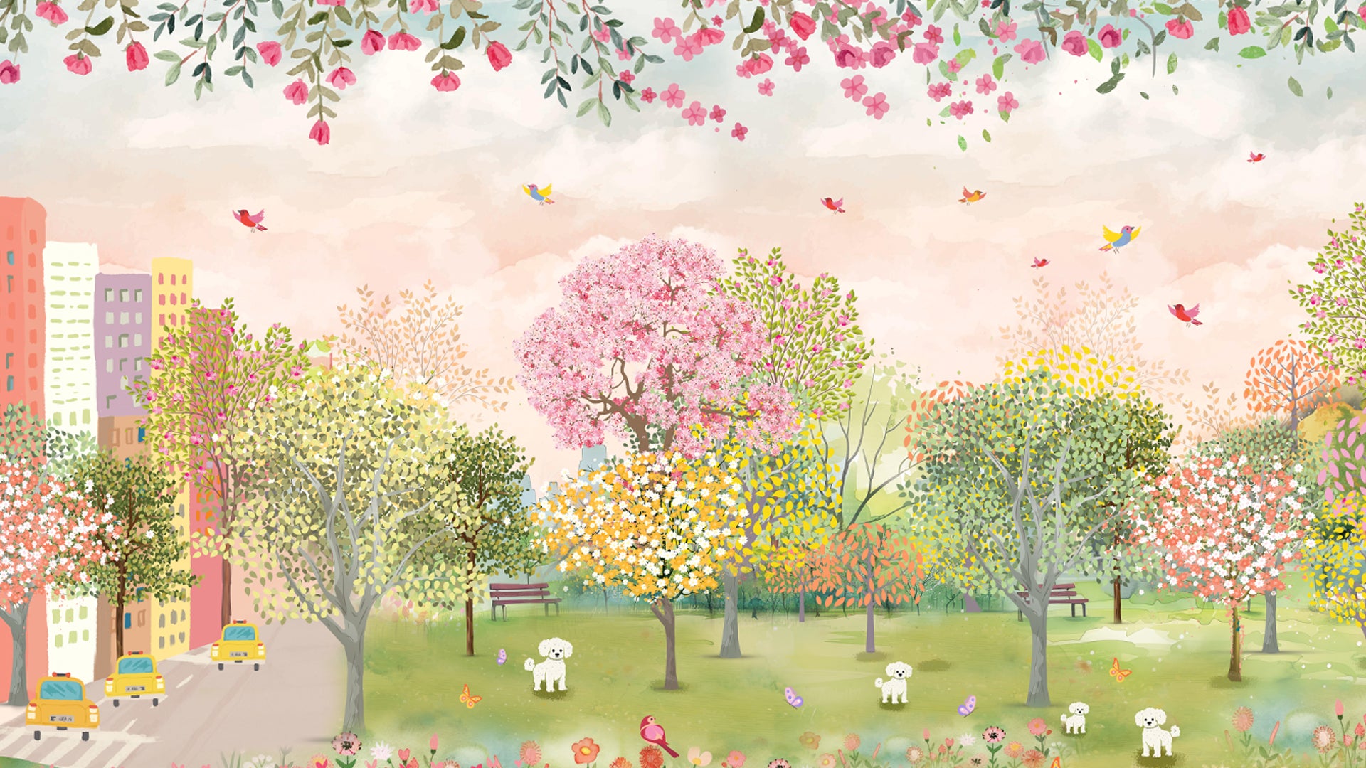 Playful Petals- Springtime Park Scene with Colorful Trees, Flowers, and Playful Dogs