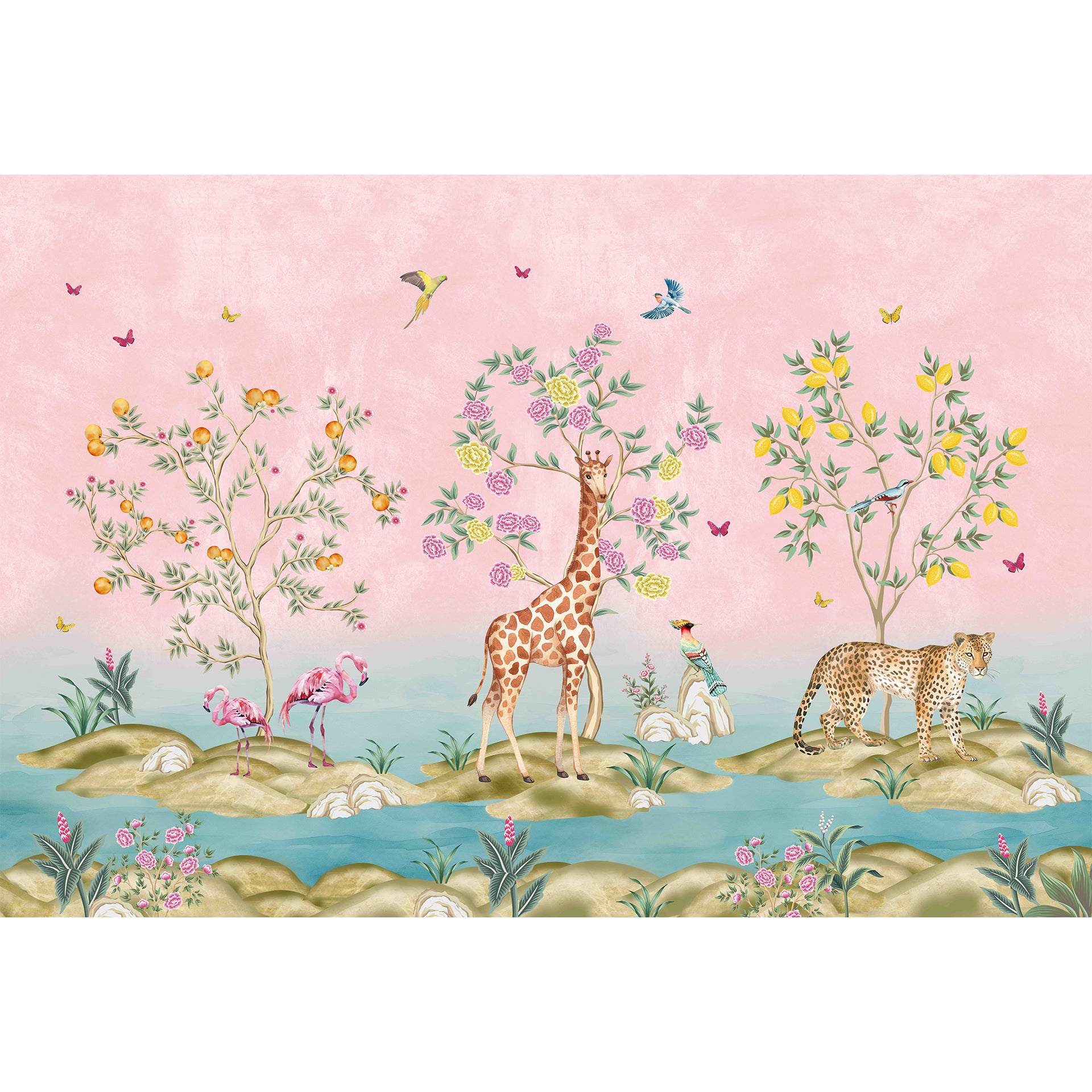Pink Kingdom 1: Flamingo, Giraffe And Leopard Animal Wallpaper For Kids Room