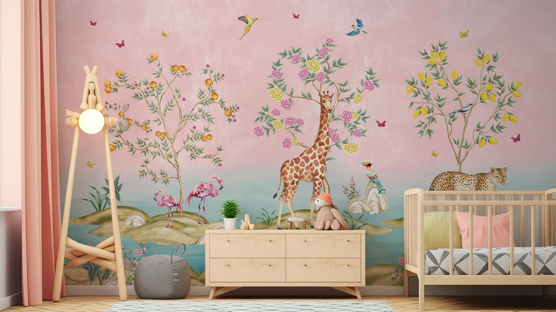 Pink Kingdom- 1- Whimsical Wildlife Scene with Giraffe, Leopard, Flamingos, and Vibrant Blossoming Trees