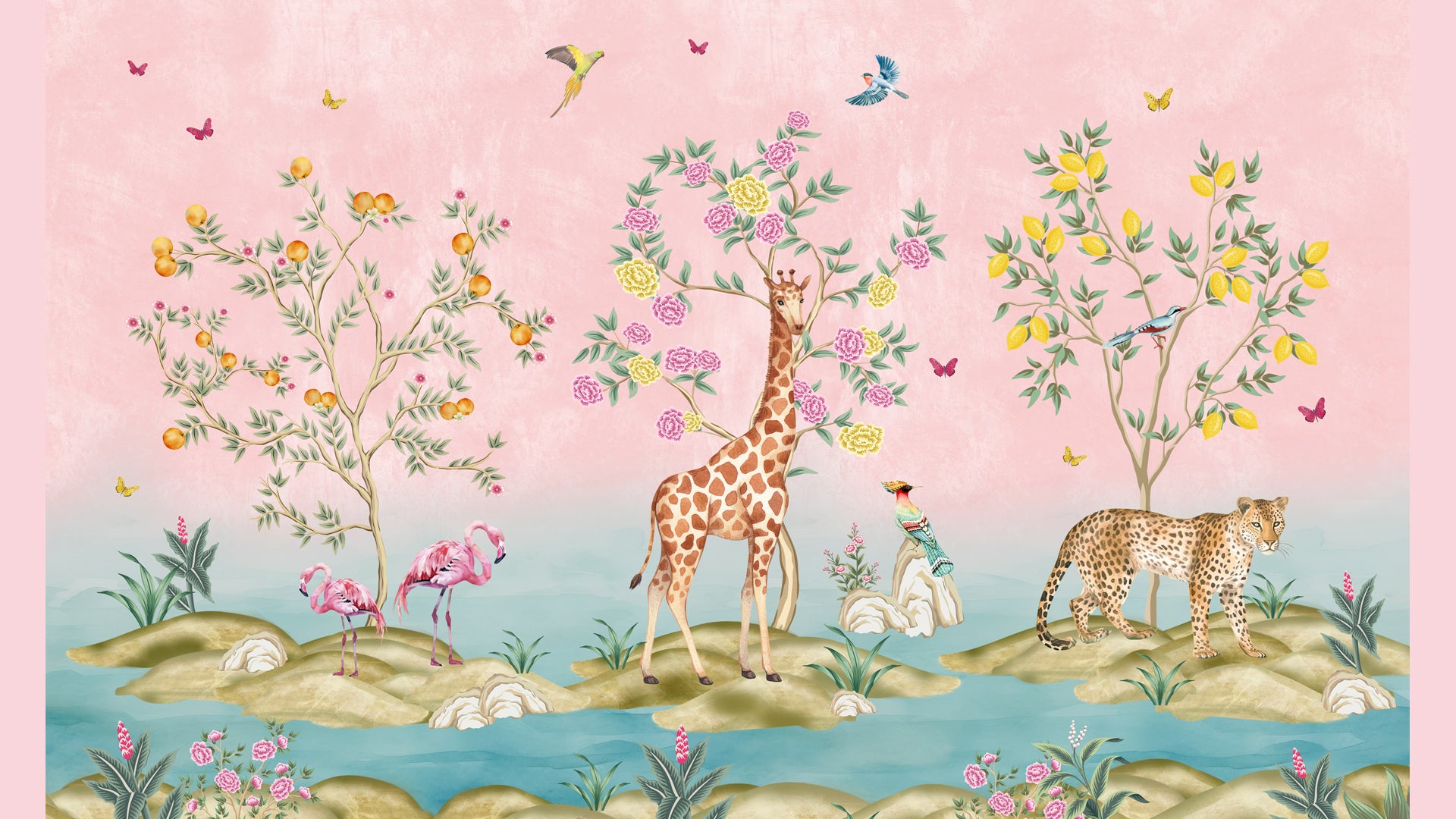 Pink Kingdom- 1- Whimsical Wildlife Scene with Giraffe, Leopard, Flamingos, and Vibrant Blossoming Trees