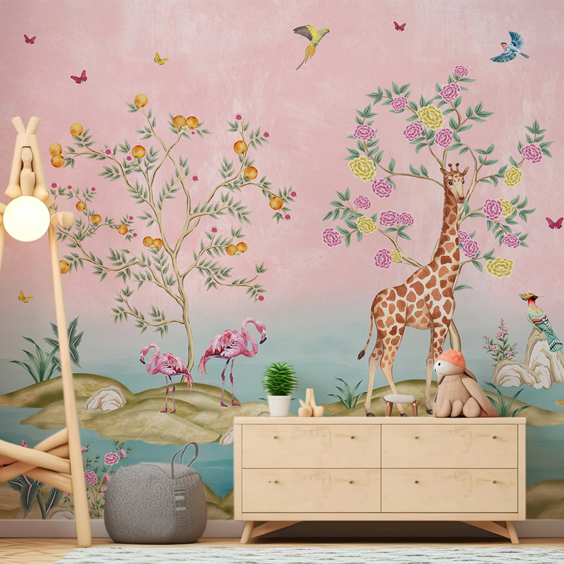 Pink Kingdom 1: Flamingo, Giraffe And Leopard Animal Wallpaper For Kids Room