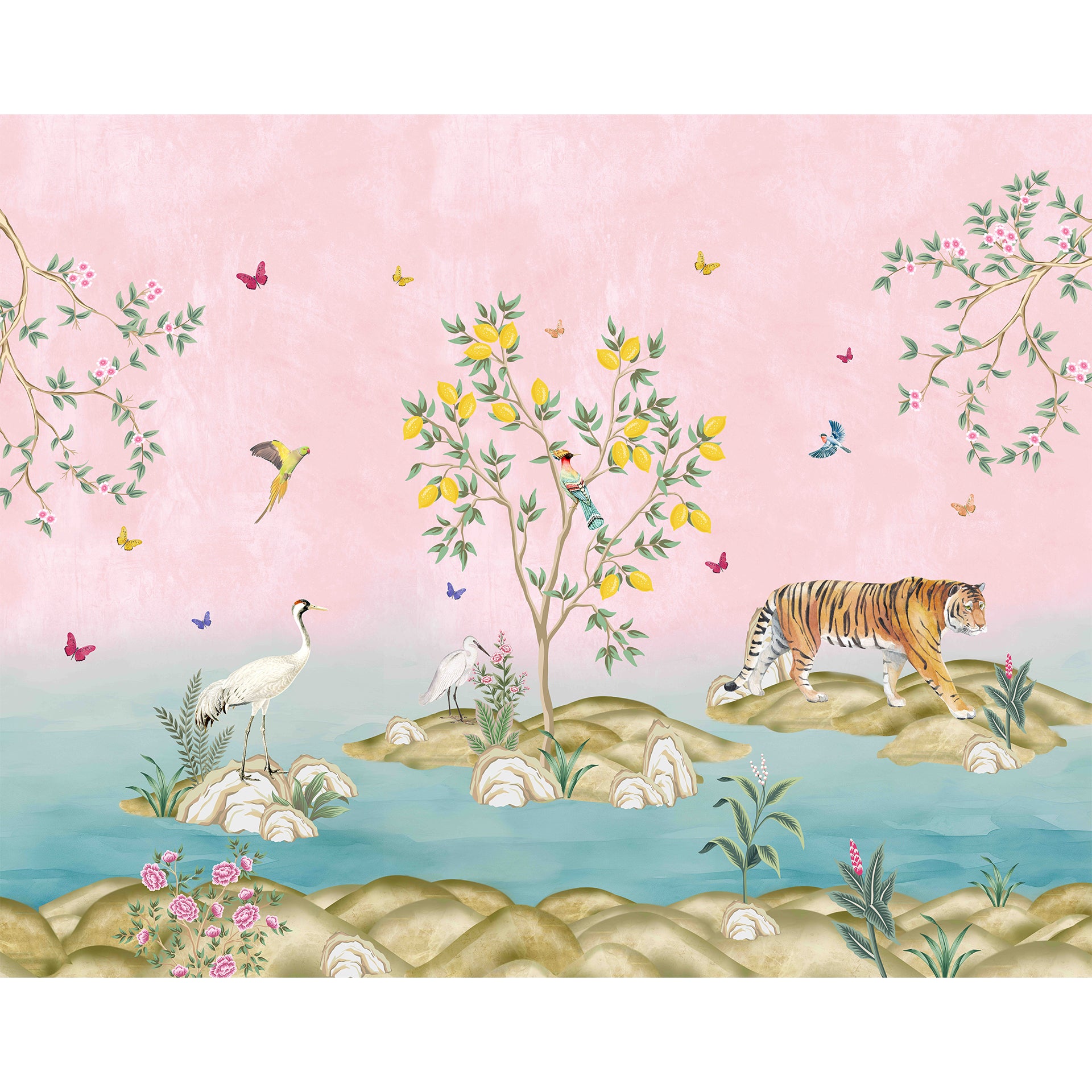Pink Kingdom 2: Animals Wallpaper Featuring Cranes, Tiger, Vibrant Birds, Butterflies, And A Lemon Tree