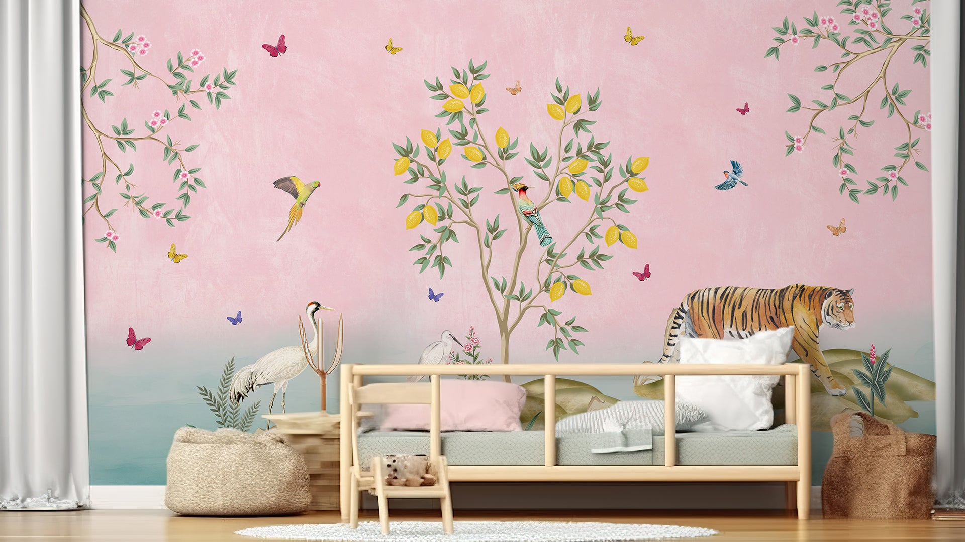 Pink Kingdom- 2- Whimsical Wildlife Scene With Tiger, Birds, Cranes, and Lush Nature