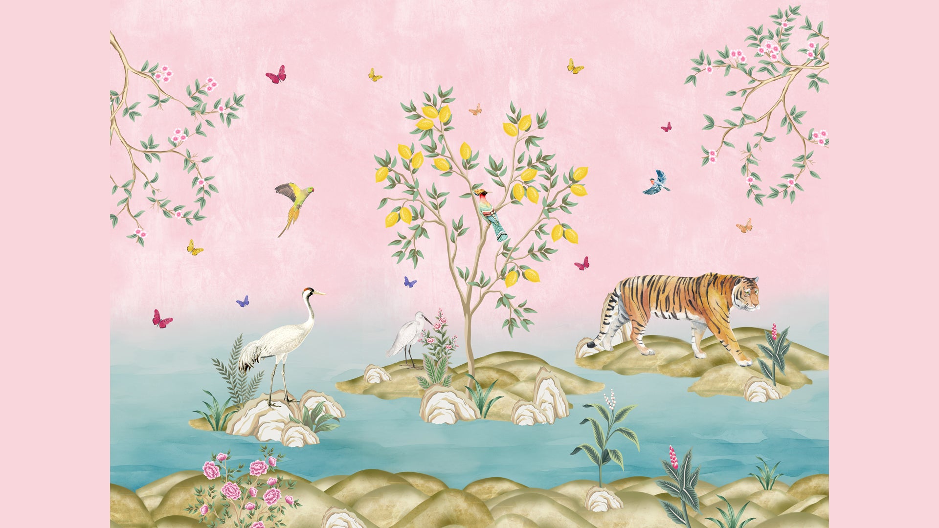 Pink Kingdom- 2- Whimsical Wildlife Scene With Tiger, Birds, Cranes, and Lush Nature