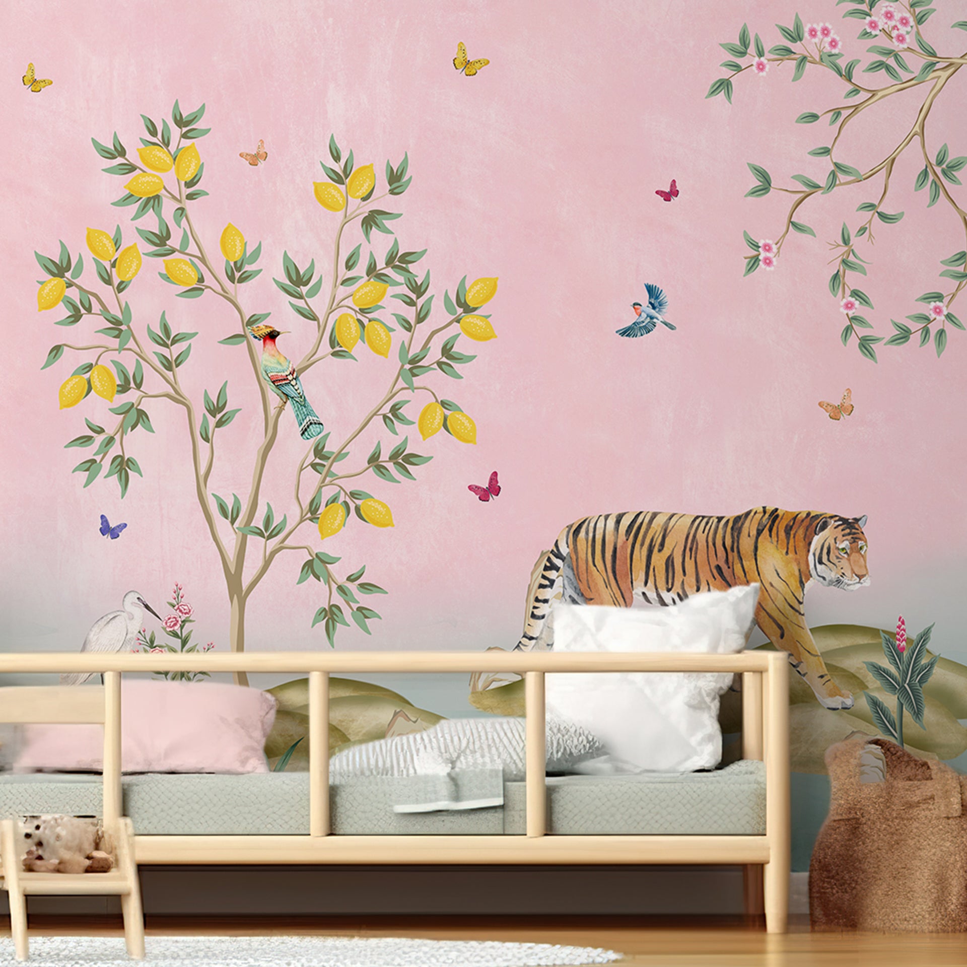 Pink Kingdom 2: Animals Wallpaper Featuring Cranes, Tiger, Vibrant Birds, Butterflies, And A Lemon Tree