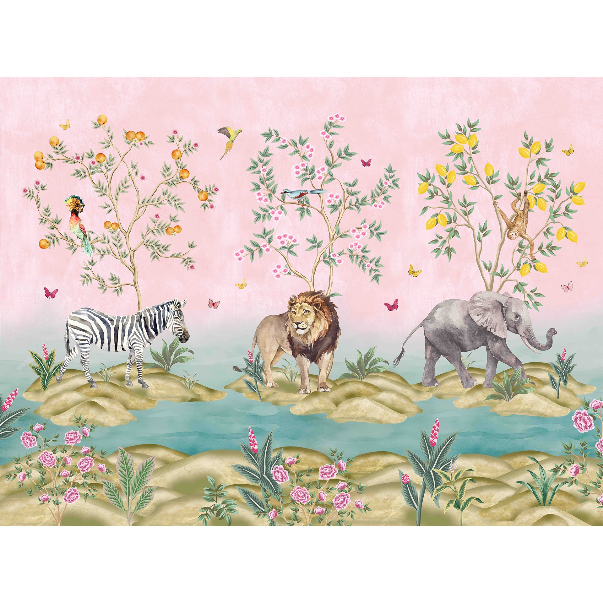 Pink Kingdom 3: Whimsical Safari Animals Amidst Vibrant Foliage In A Scenic Tropical Setting