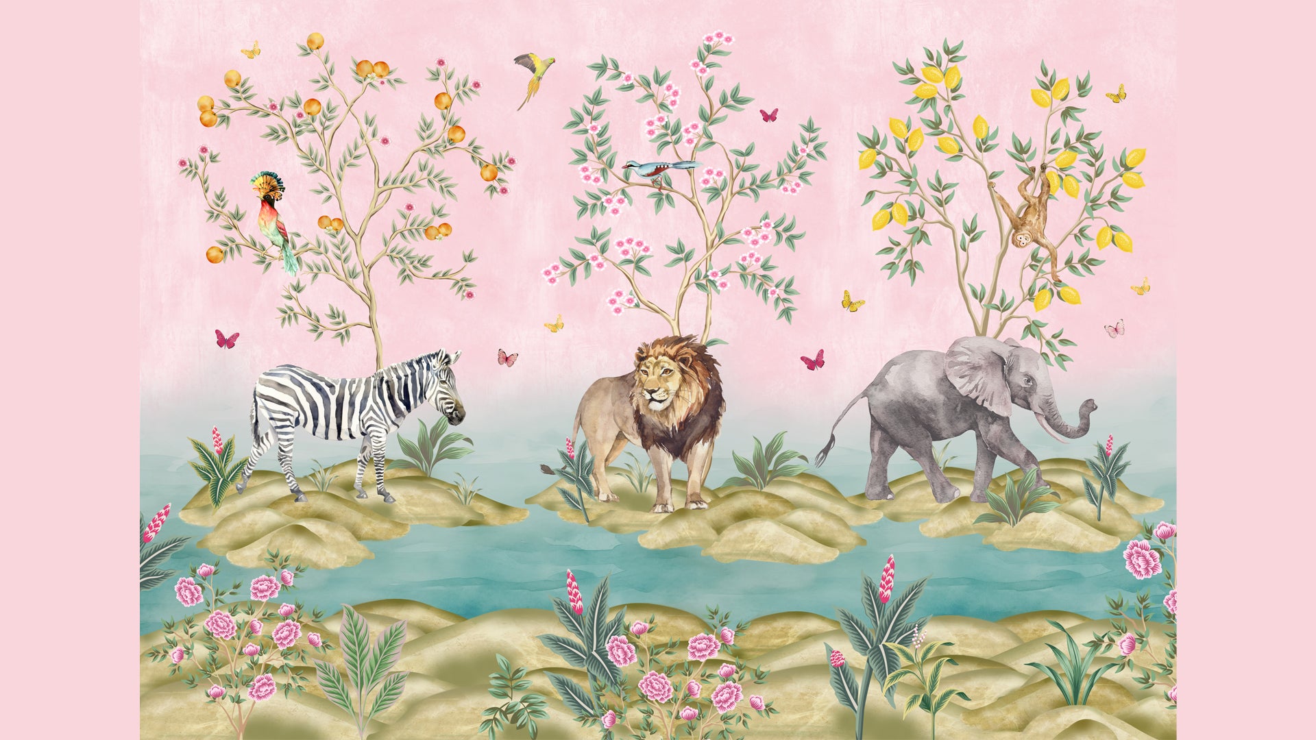 Pink Kingdom- 3- Whimsical Safari Animals Amidst Vibrant Foliage in a Scenic Tropical Setting