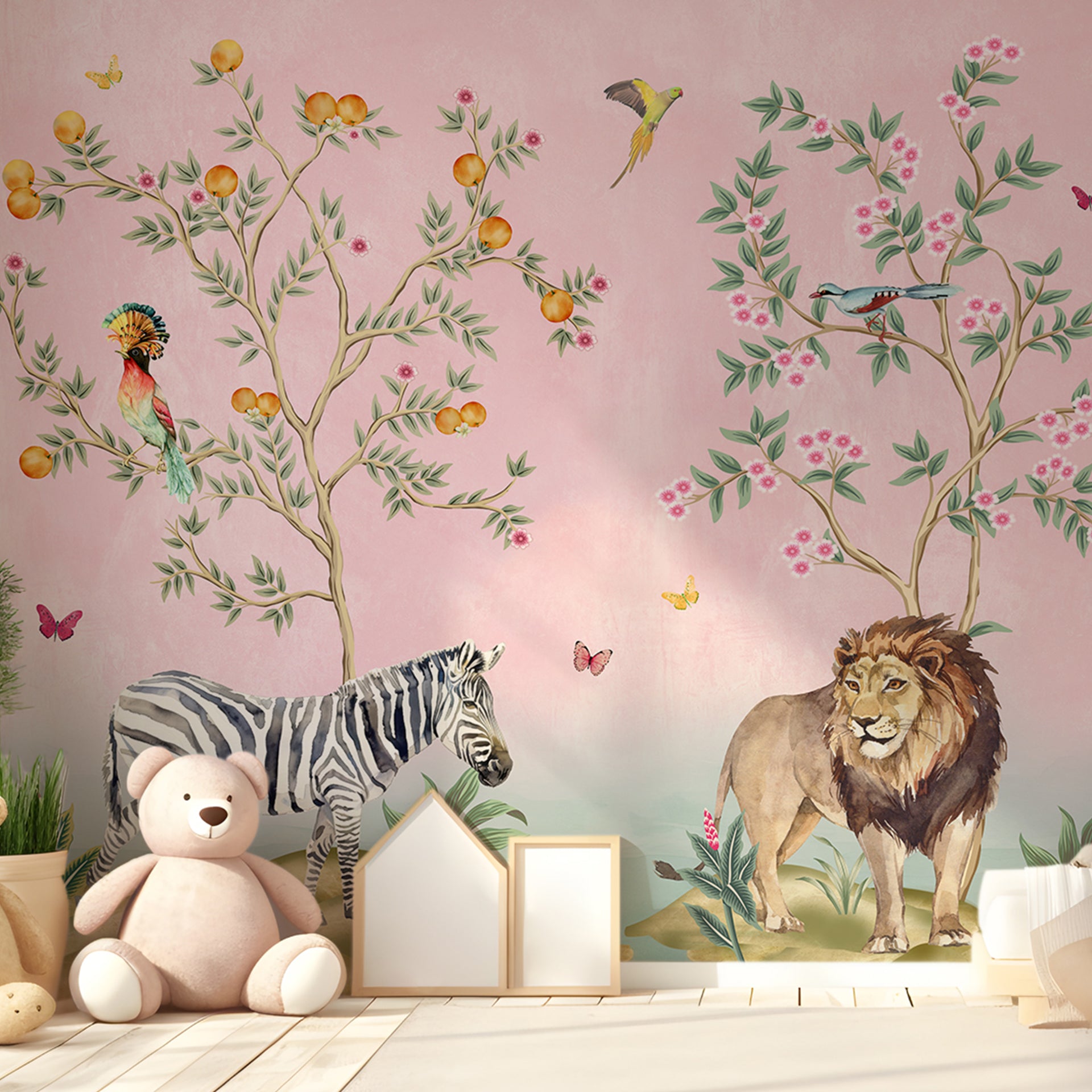 Pink Kingdom 3: Whimsical Safari Animals Amidst Vibrant Foliage In A Scenic Tropical Setting