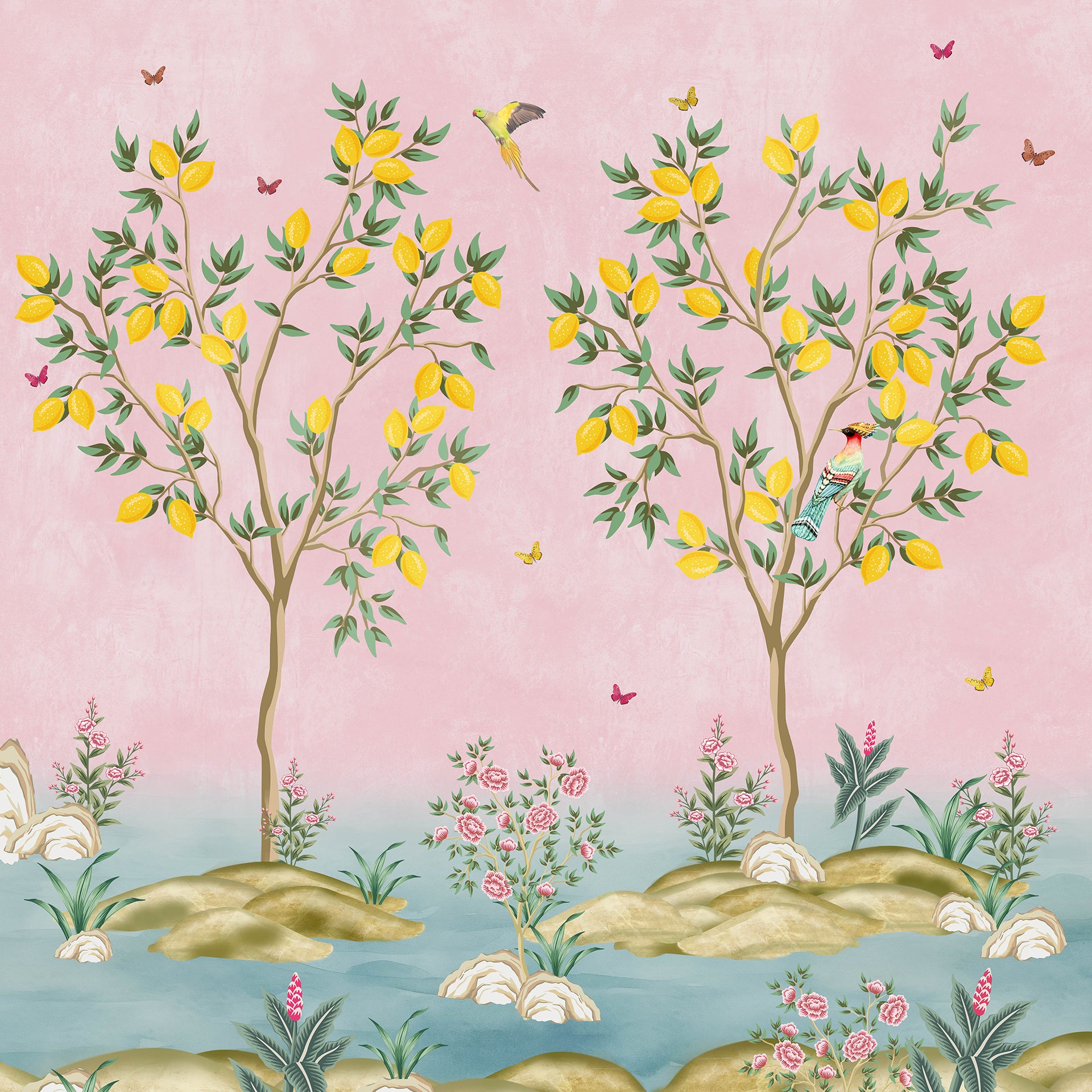 Charming Lemon Trees and Birds Against a Pink and Pastel Backdrop