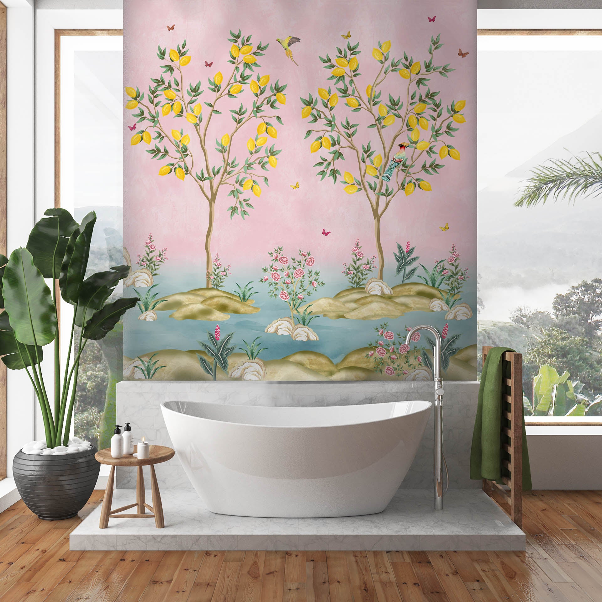 Charming Lemon Trees and Birds Against a Pink and Pastel Backdrop