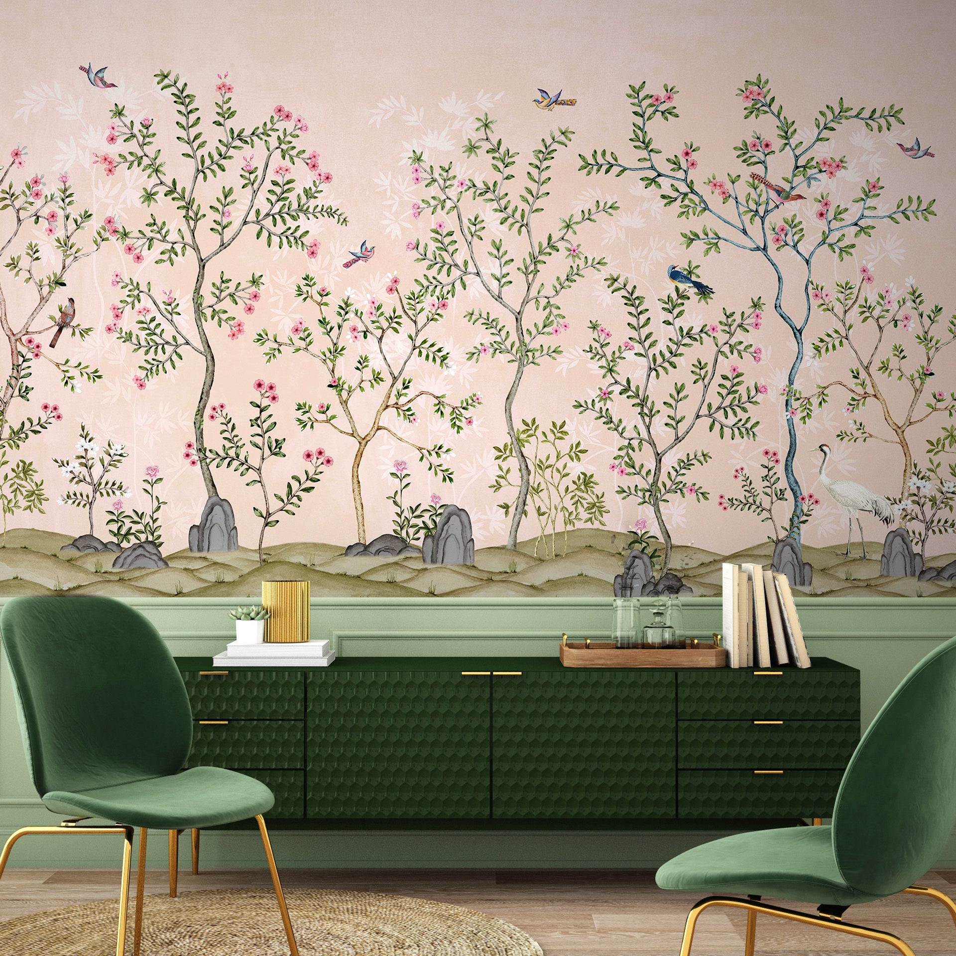 Elegant Botanical Illustration Featuring Trees, Flowers, Birds, and a Subtle Background