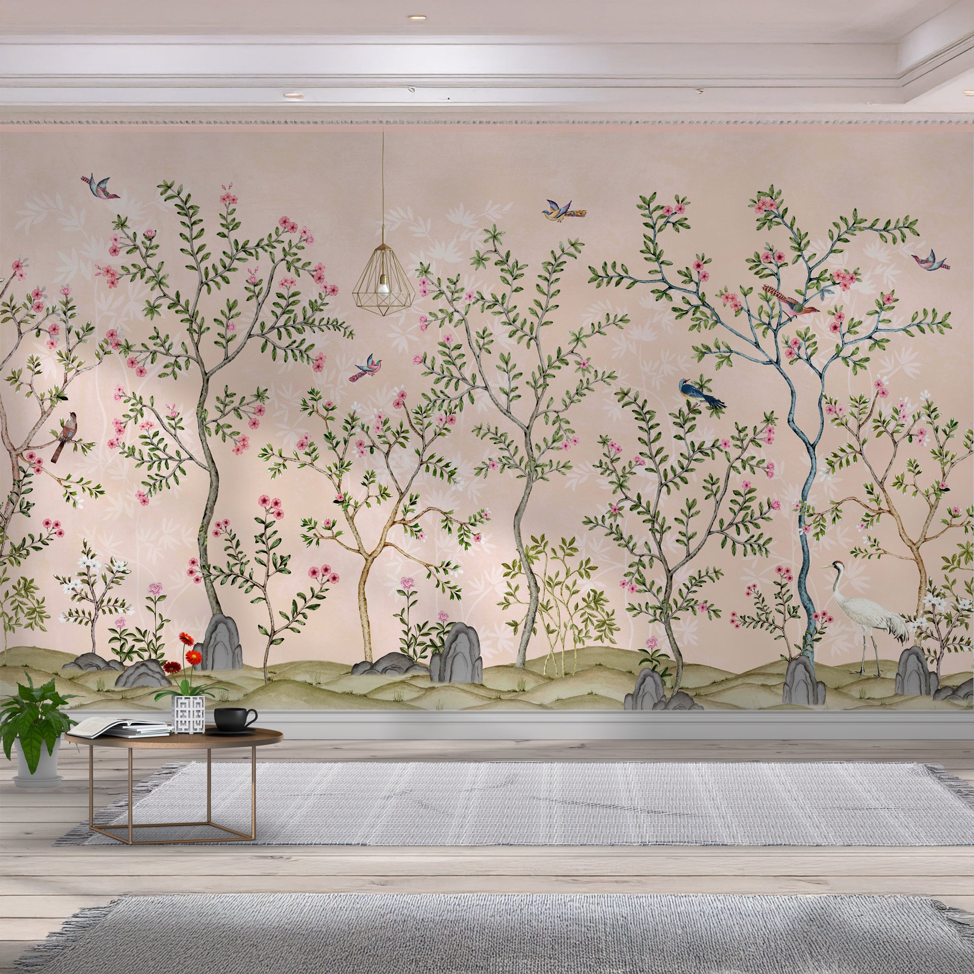 Elegant Botanical Illustration Featuring Trees, Flowers, Birds, and a Subtle Background