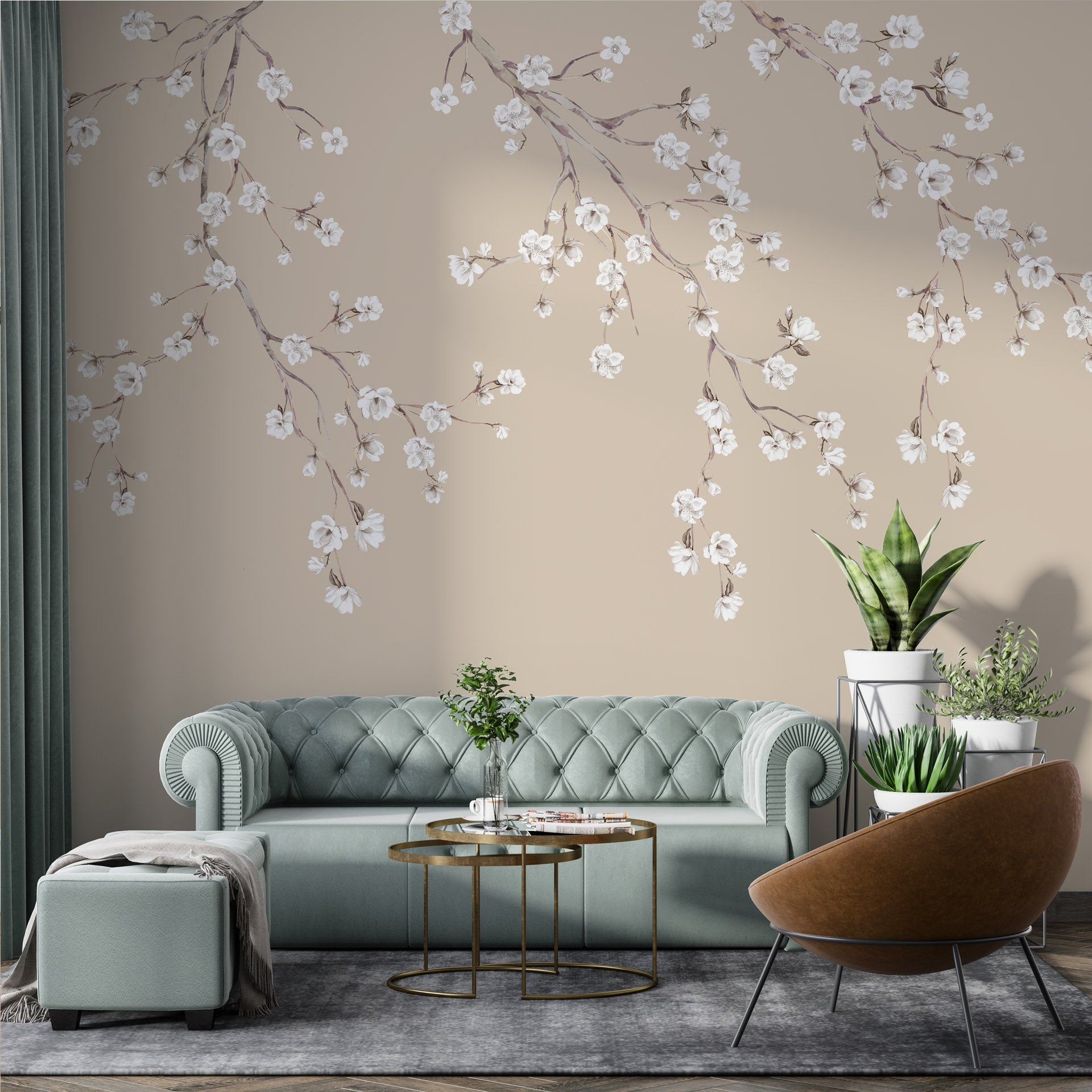 Elegant Floral Illustration of Branches with Blossoming Flowers on Beige Background