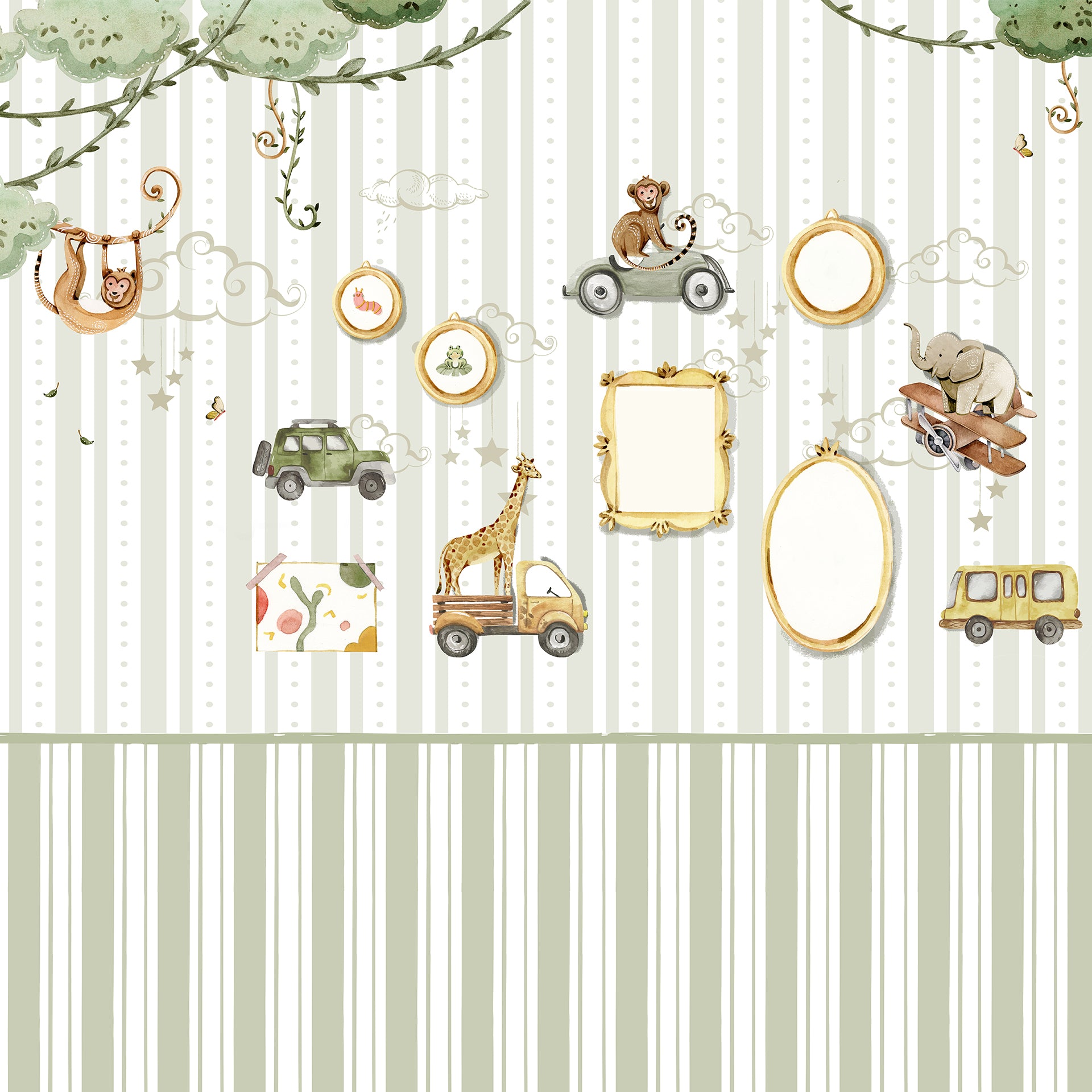 Whimsical Jungle-Themed Watercolor Collage With Playful Animal Motifs and Frames