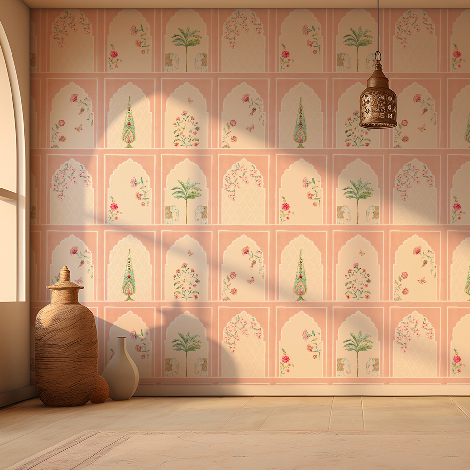 Subtle Pink Arches: Pastel Floral & Geometric Wallpaper With Subtle Arches