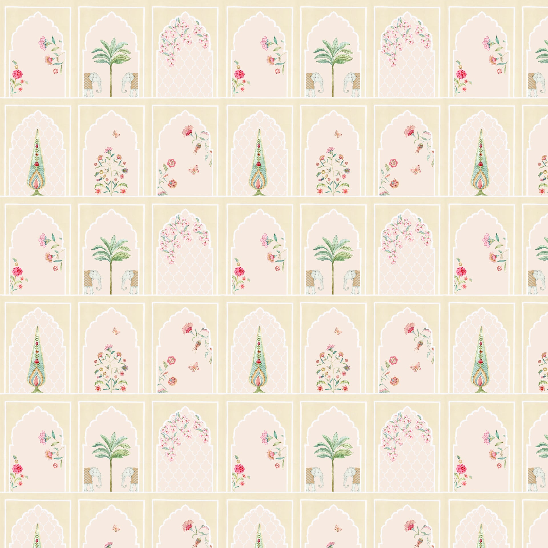 Subtle Arches: Botanical Wallpaper In Beige With Floral Motifs