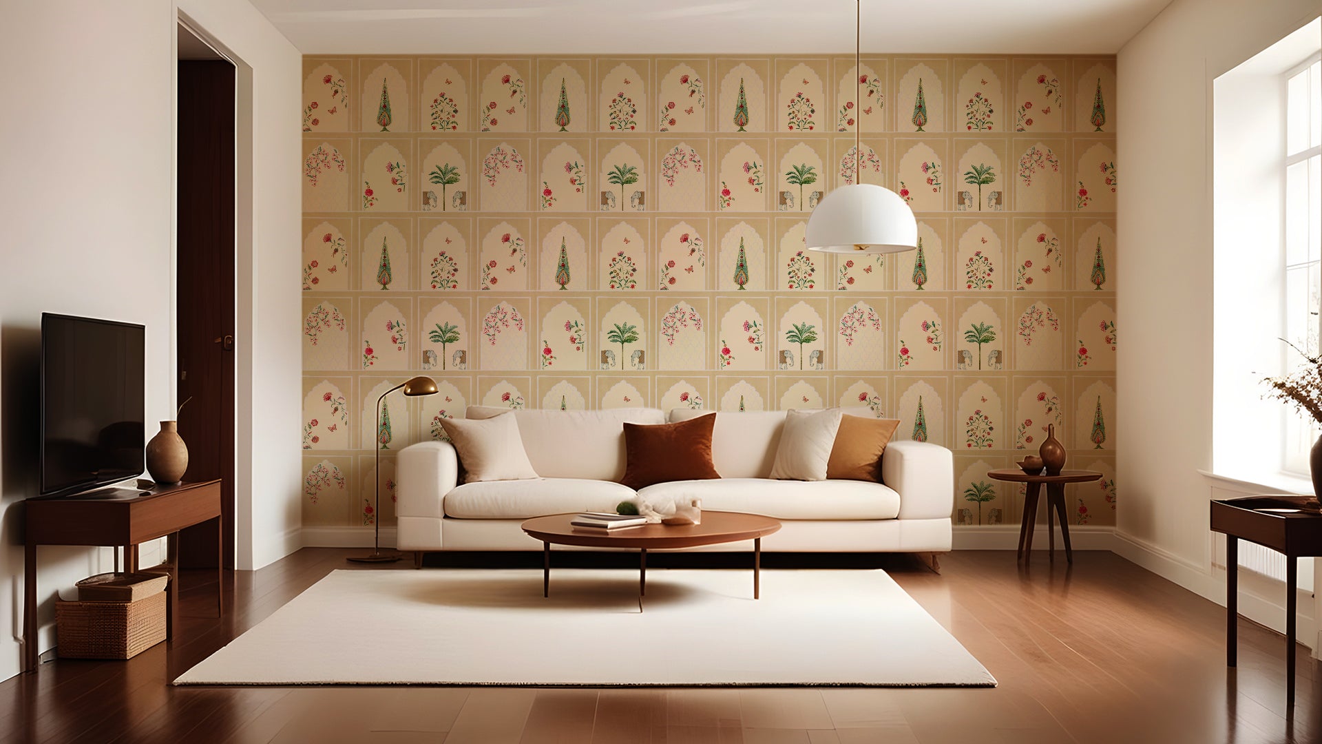 Subtle Arches Beige-Intricate Floral and Botanical Patterns with Arch Design on Beige Background