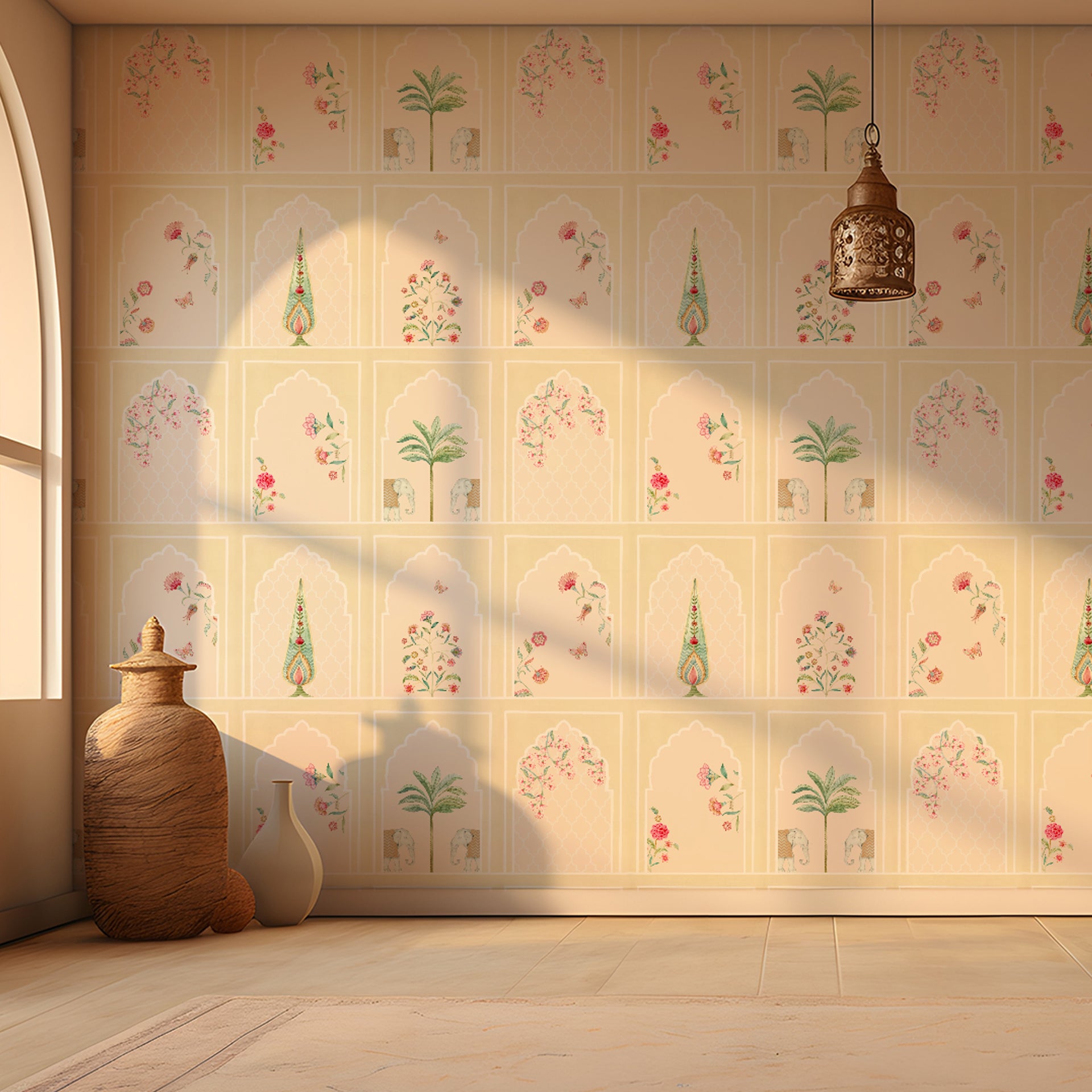 Subtle Arches: Botanical Wallpaper In Beige With Floral Motifs