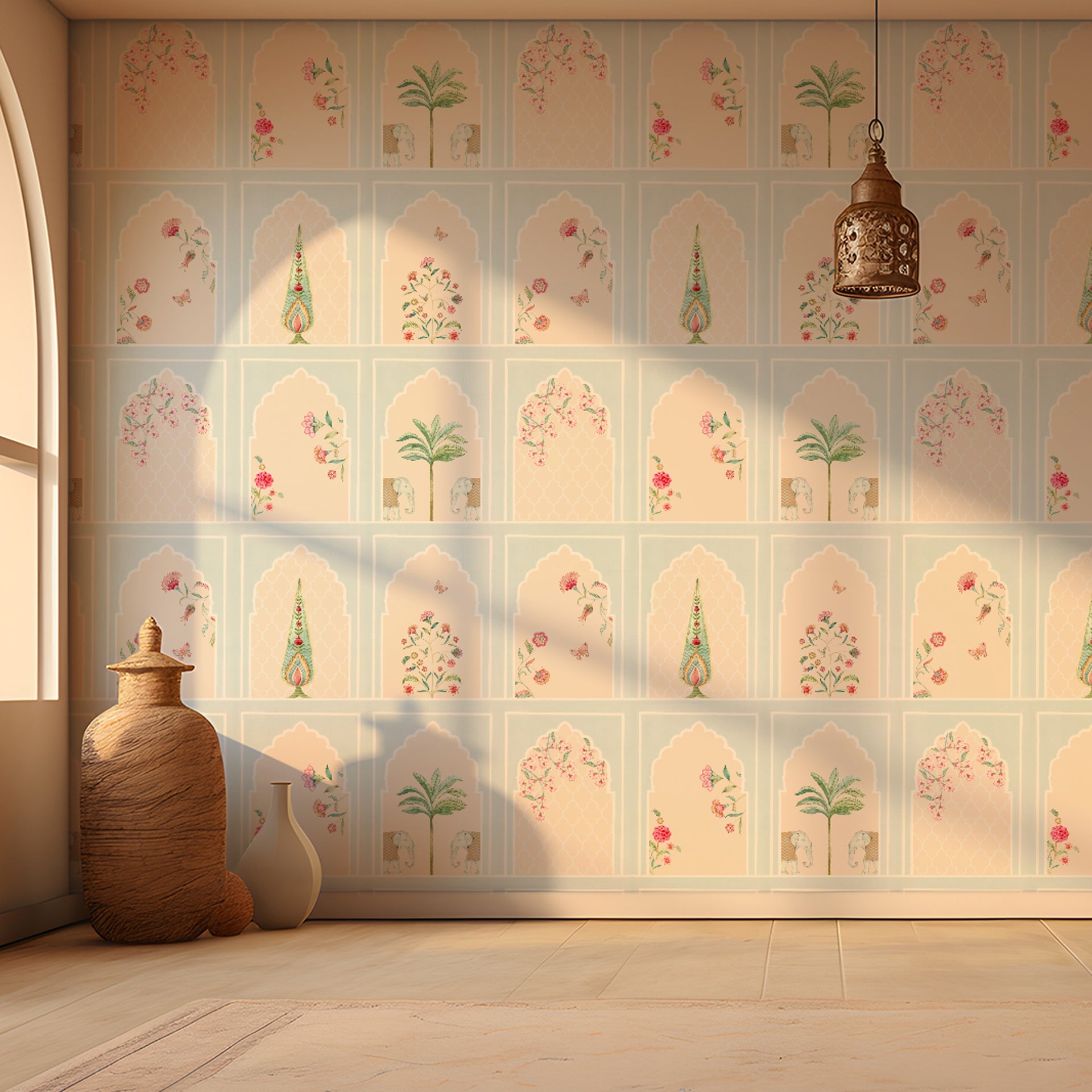 Subtle Blue Arches: Wallpaper With Ornamental Motifs