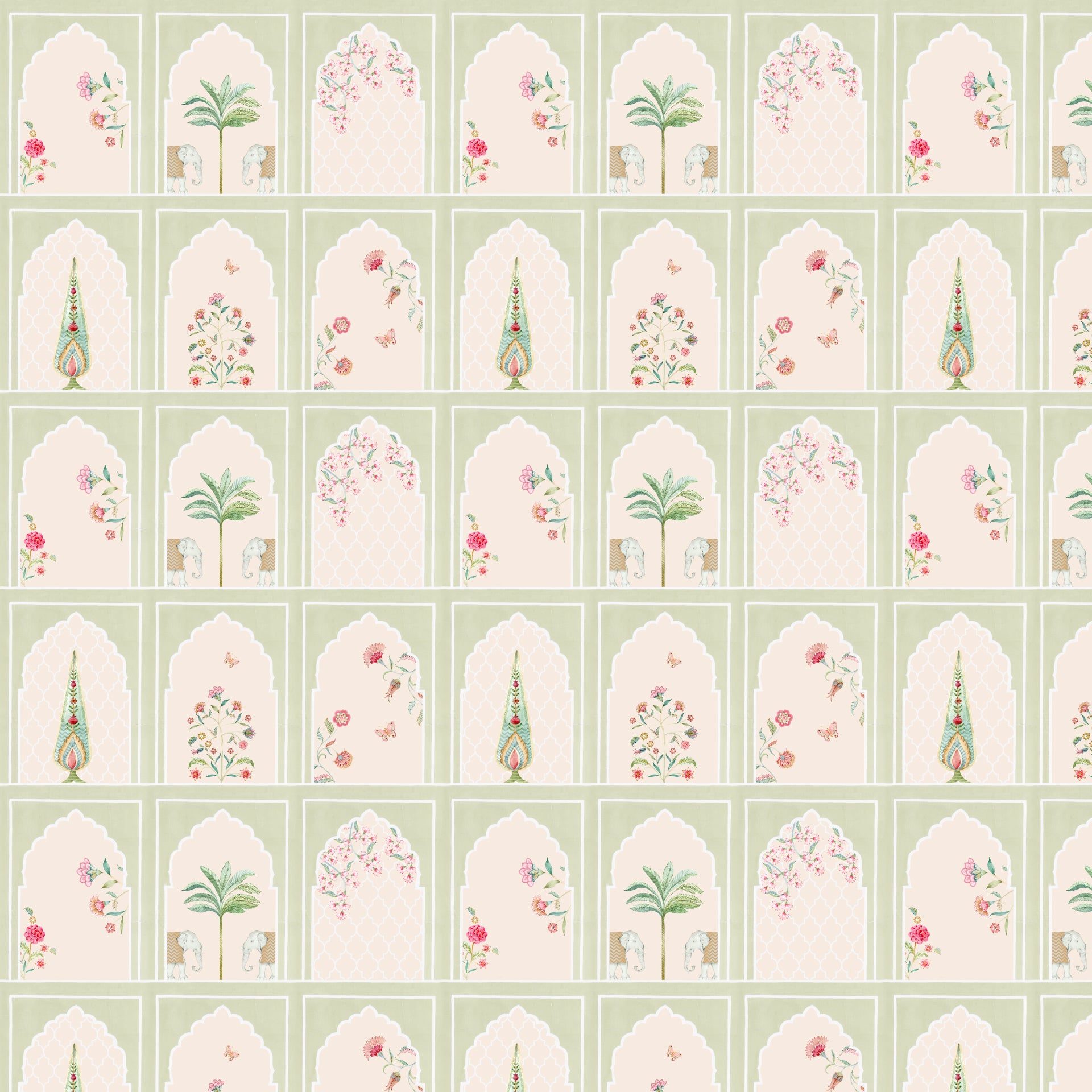 Subtle Green Arches: Wallpaper With Vintage Floral Motifs