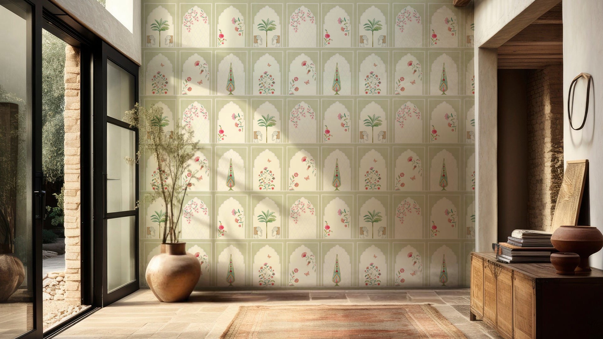 Subtle Arches Green- Elegant Decorative Pattern With Vintage Arches and Floral Motif Elements