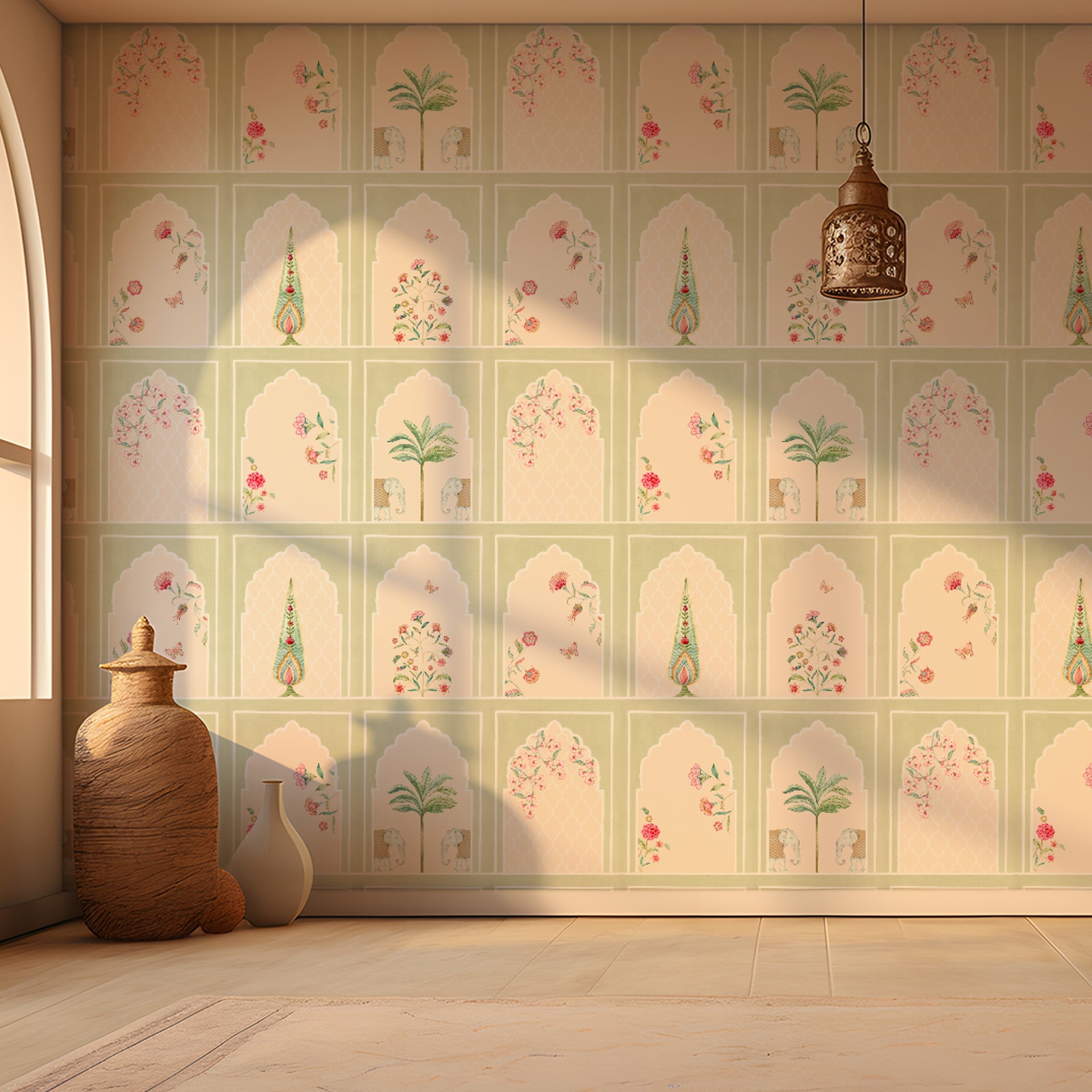 Subtle Green Arches: Wallpaper With Vintage Floral Motifs