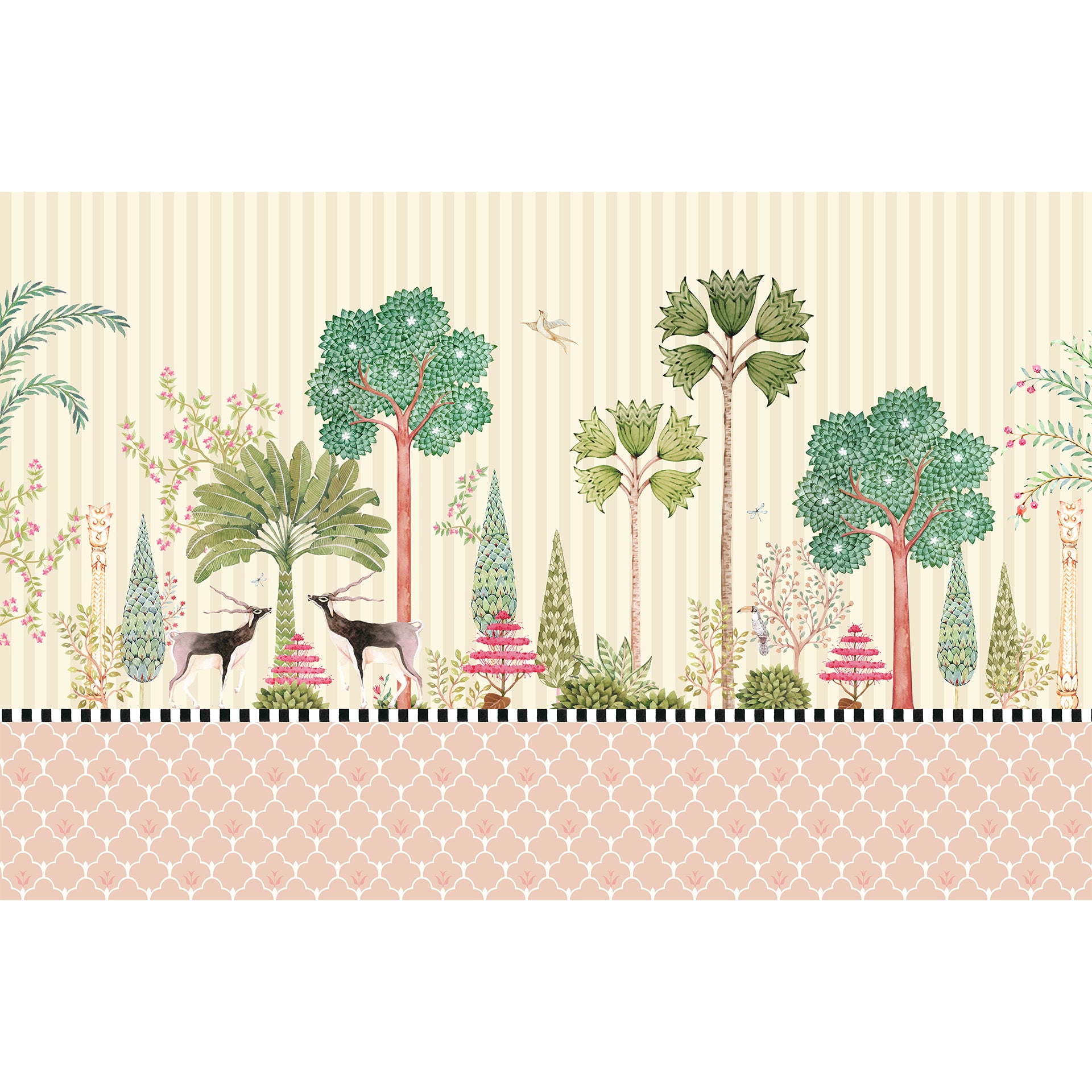 Timber Trails: Decorative Illustration Of A Lush Forest With Animals Amid Exotic Trees