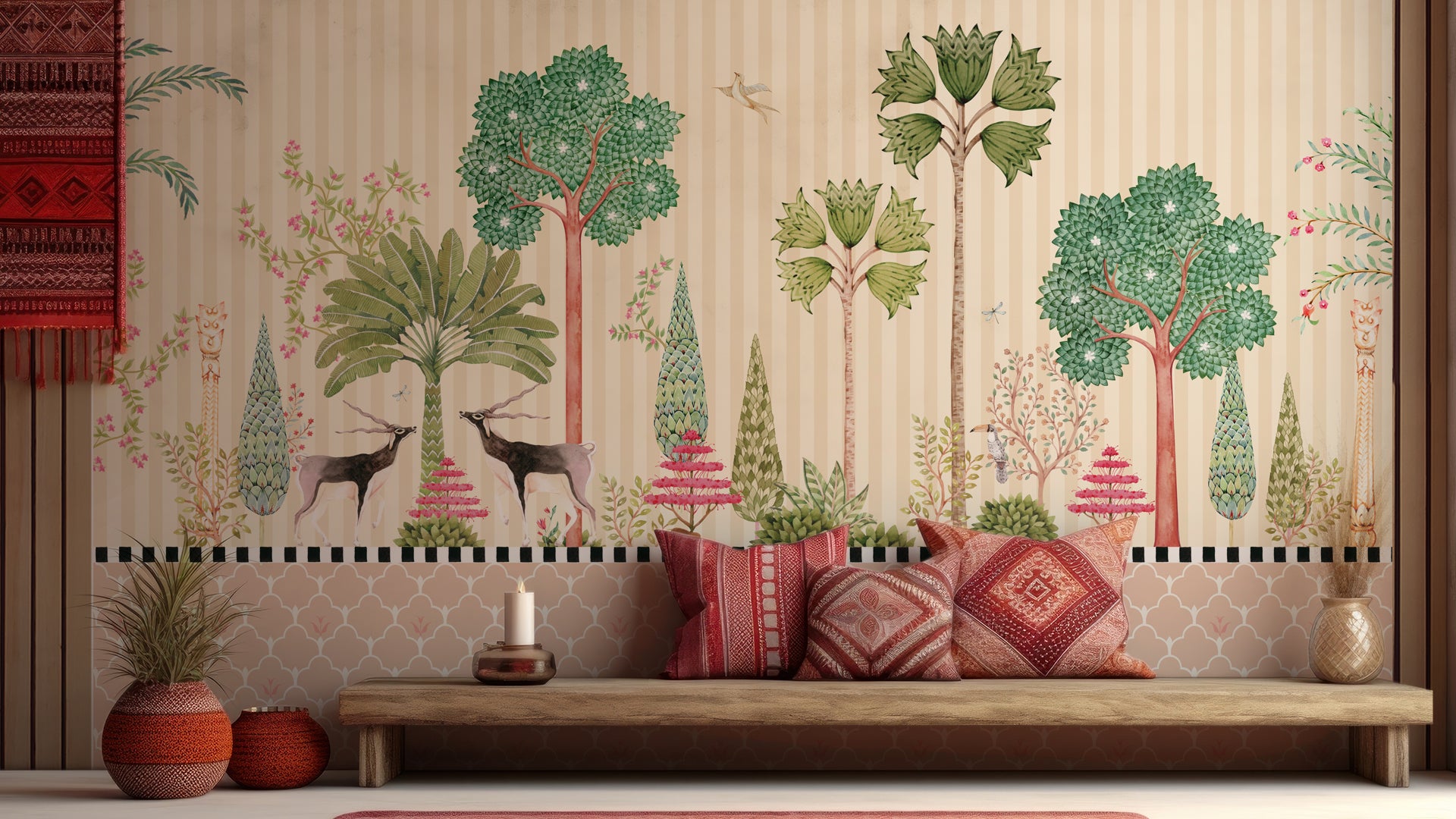 Timber Trails- Decorative Illustration of a Lush Forest With Animals Amid Exotic Trees