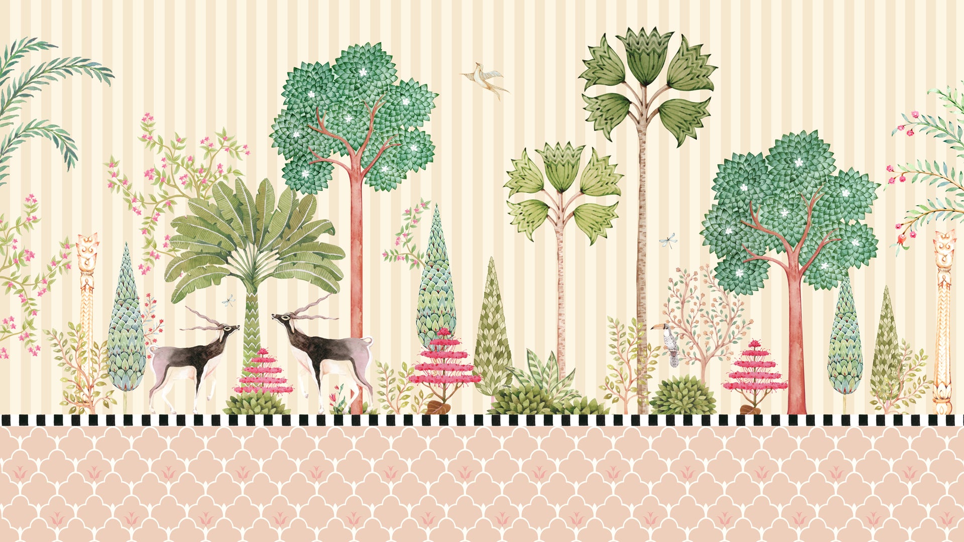 Timber Trails- Decorative Illustration of a Lush Forest With Animals Amid Exotic Trees