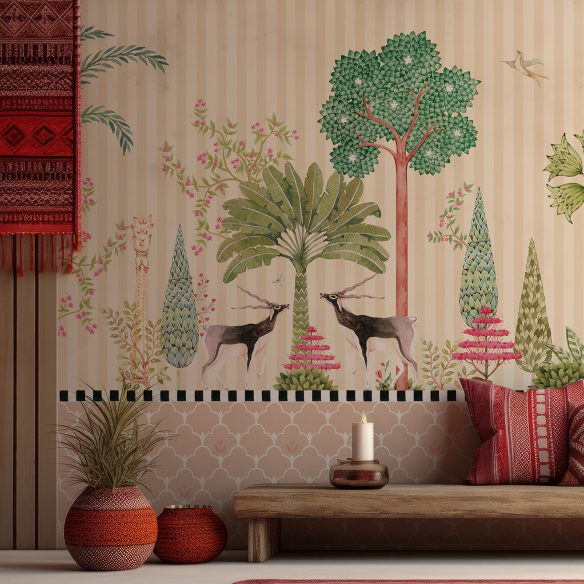 Timber Trails: Decorative Illustration Of A Lush Forest With Animals Amid Exotic Trees