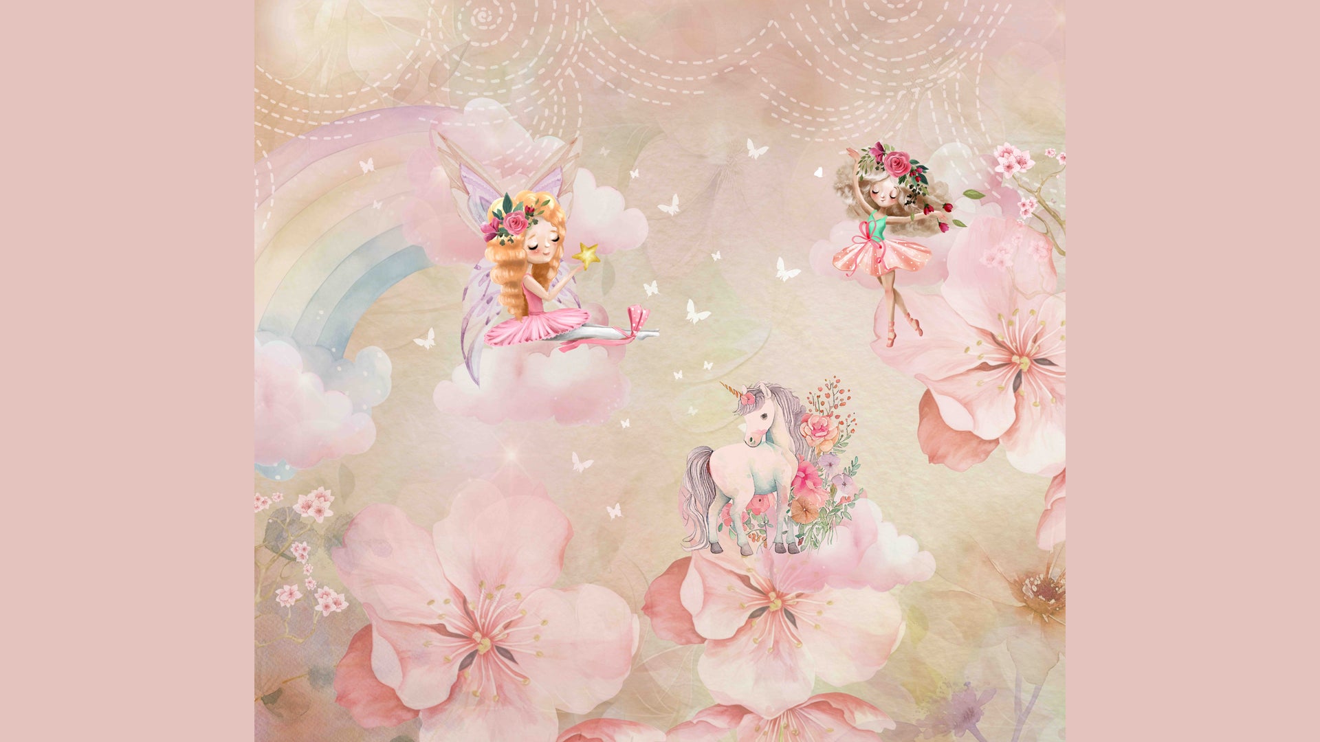 Fairyland Wallpaper with Unicorns and Cherry Blossoms