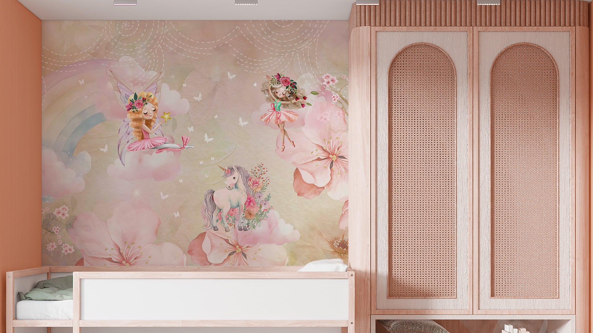 Fairyland Wallpaper with Unicorns and Cherry Blossoms