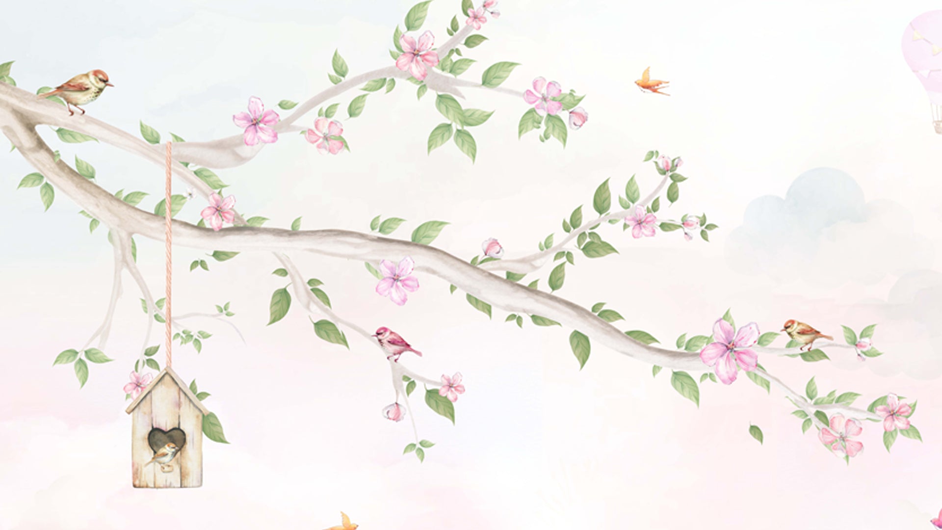 Spring Wallpaper with Hot Air Balloons and Blossoms